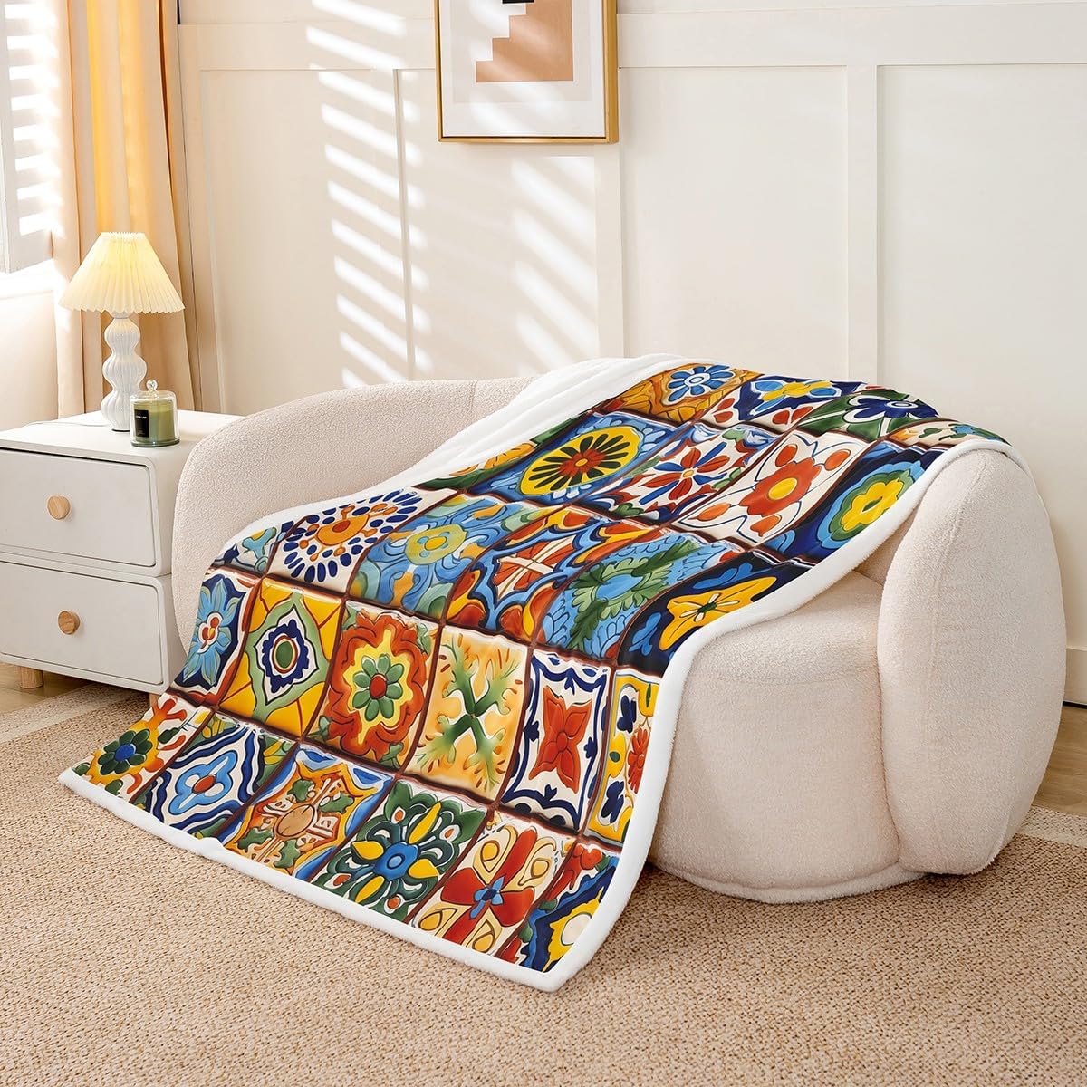Erosebridal Mexican Talavera Tile Blanket Throw,Exotic Ethnic Boho Style Blankets Throws for Kids Adults Room Decor,Colorful Bohemian Fleece Blanket Geometric Flower Blanket 40"x50"