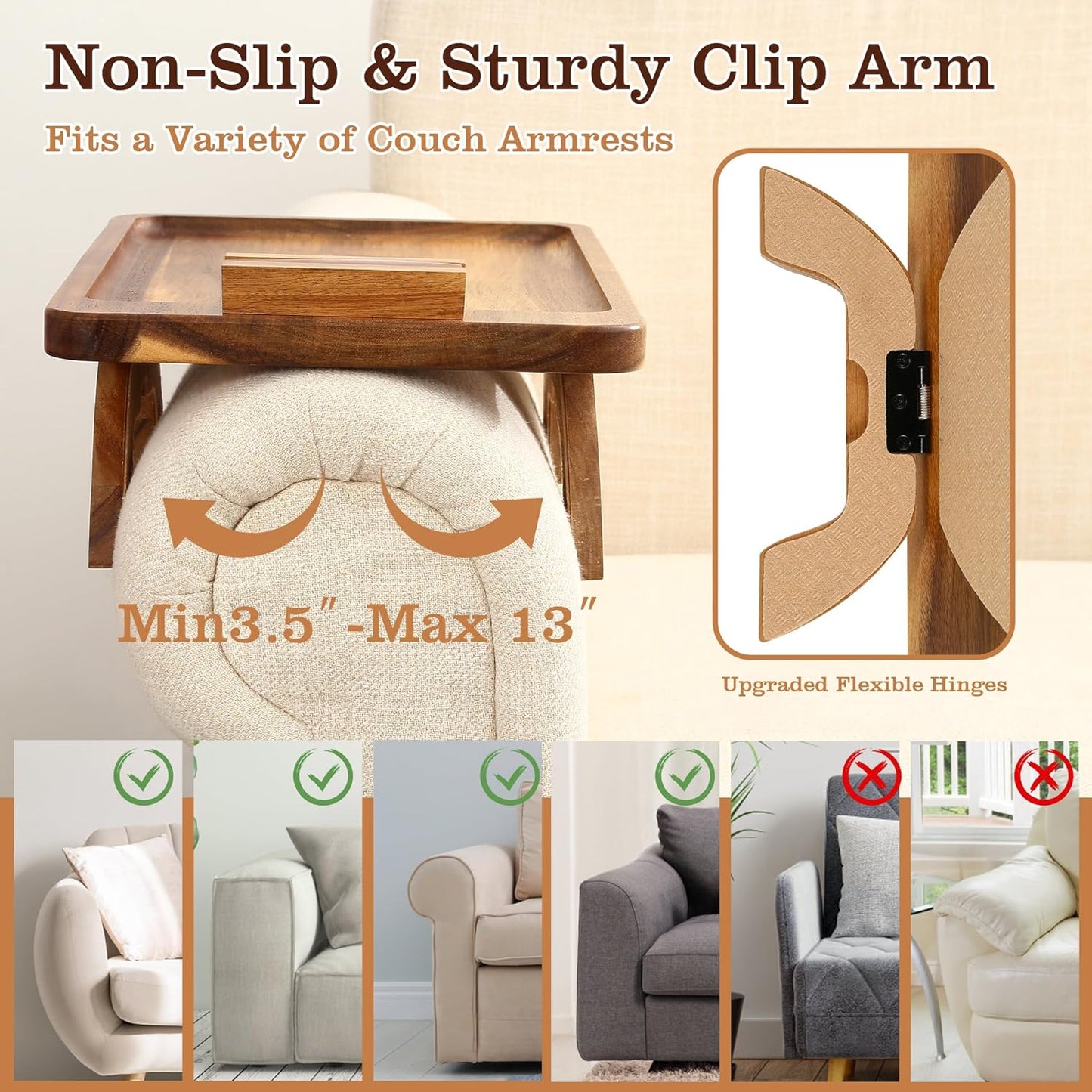 Acacia Wood Couch Armrest Table,Sofa Arm Tary Table for Living Room,Sofa Armrest Tray with Rotated Phone Holder,Clip on Arm Rest Tables for Couch,Foldable Side Tables Serving Trays for Eating&Drinking