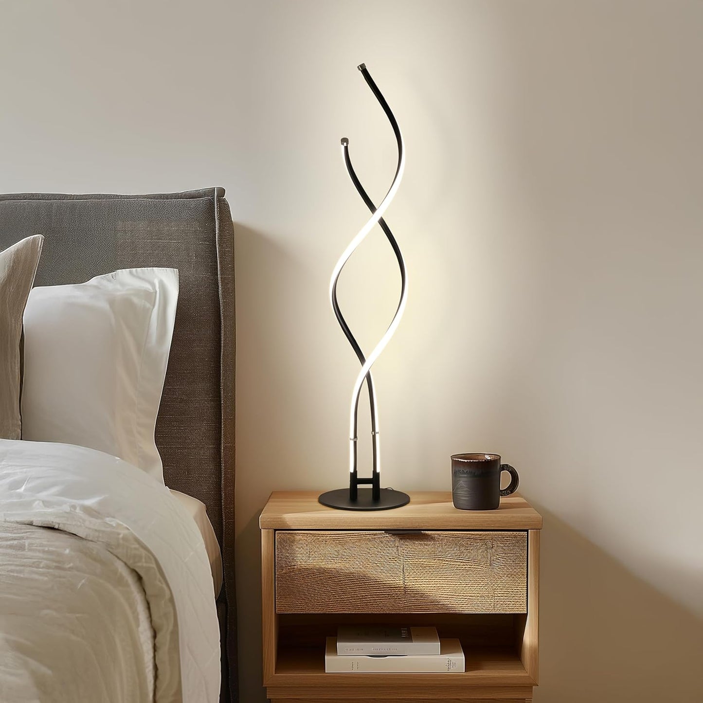 Brightech Embrace Dimmable LED Floor Lamp – Modern Spiral Adjustable Standing Lamp for Living Rooms & Offices – 2-in-1 Tall End Table Lamp for Bedroom Reading - Black