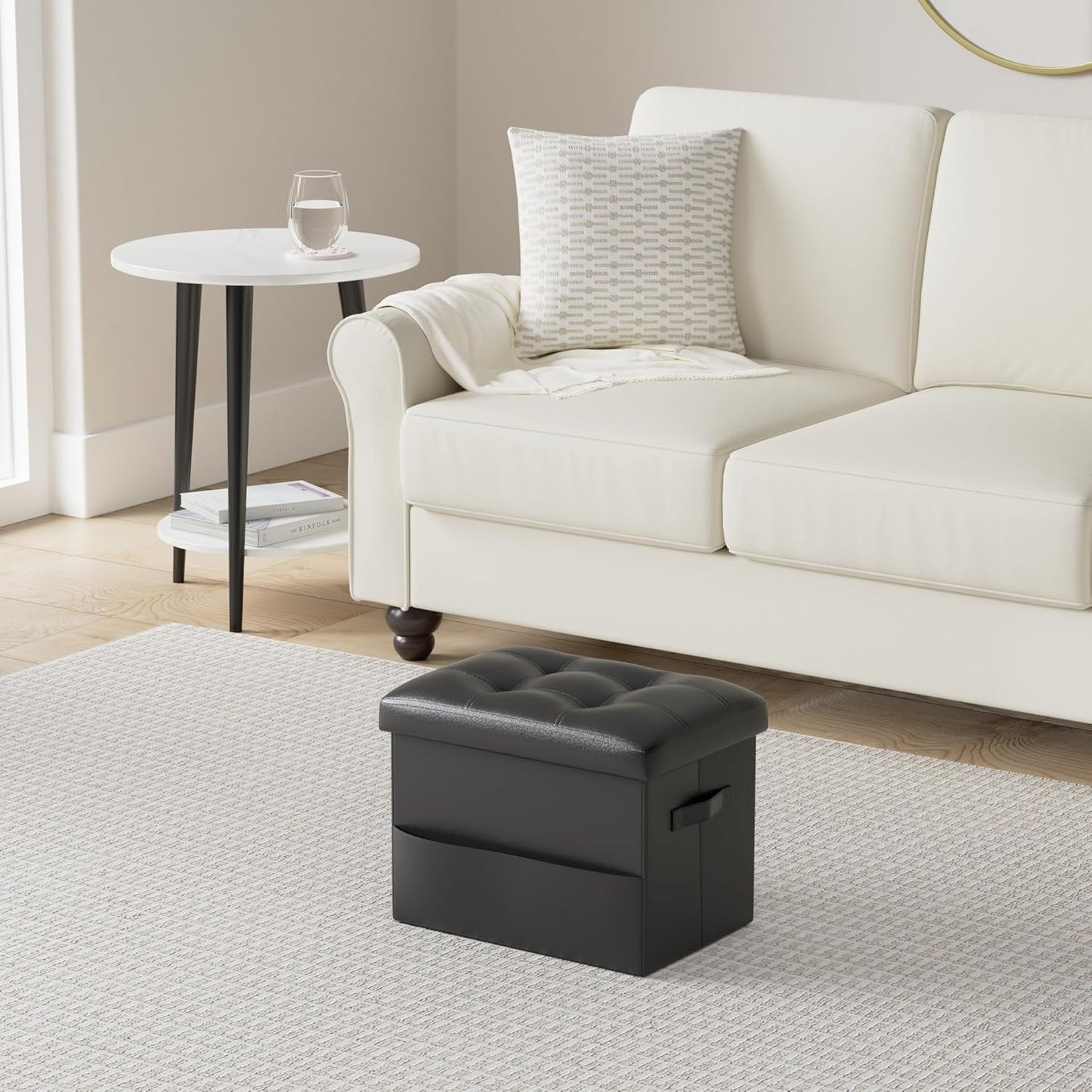 Storage Ottoman Foot Rest Stool with Thicker Foam Padded Seat. Foldable Leather Footstool Bench. Small Ottoman with Storage for Living Room Bedroom Coffee Table 350 lbs, 17x13x13in, Black.