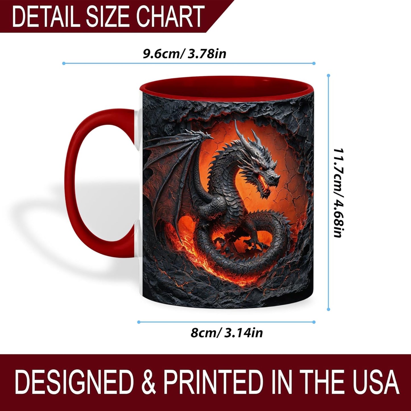 Dragon Coffee Mug, Red Handle and Interior, Fiery in Lava Cracked Design, 11oz Ceramic Cup for Fantasy Enthusiasts, Unique Gift for Men, Office, Home, Birthday, Christmas