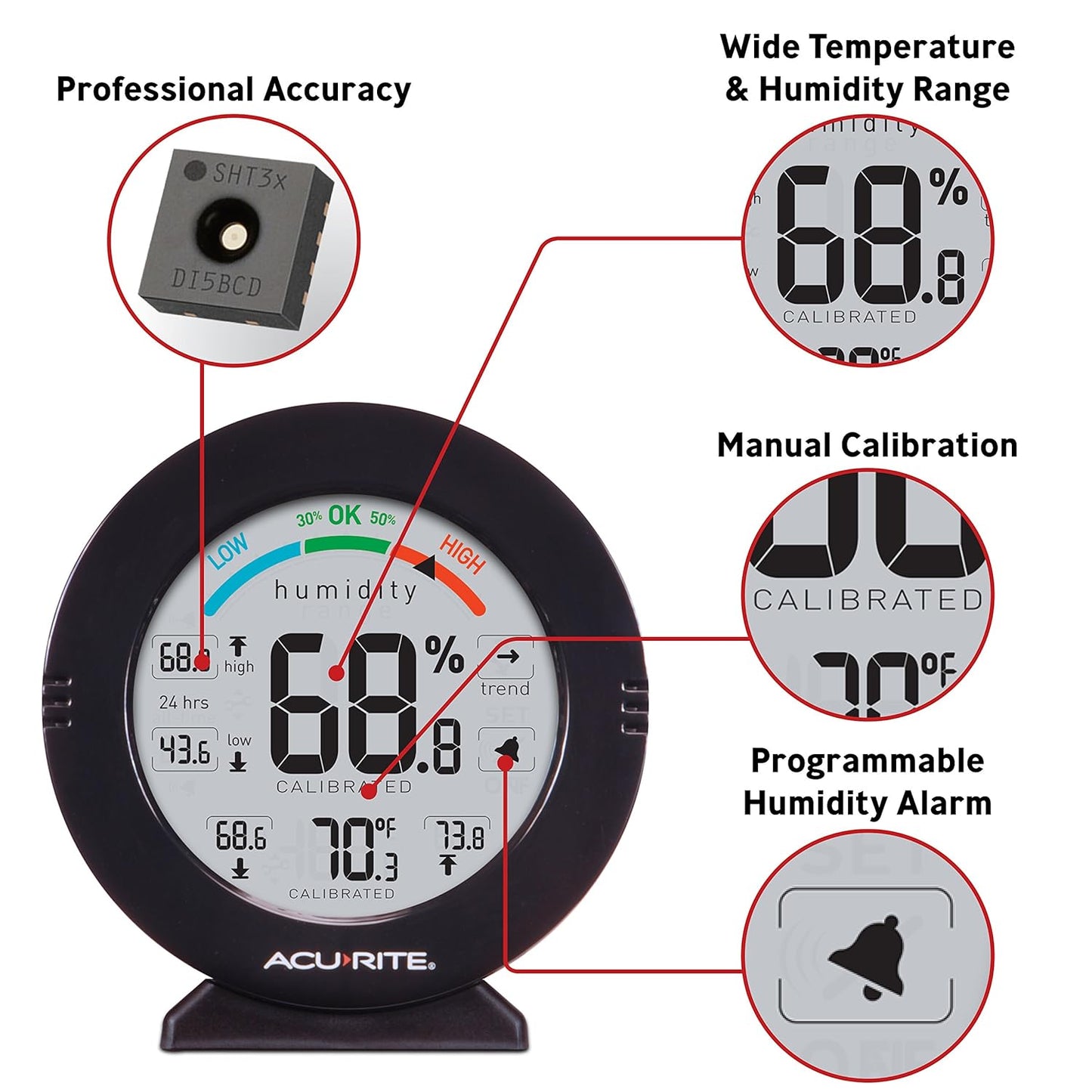 AcuRite 01080M Pro Accuracy Temperature and Humidity Gauge with Alarms, Black