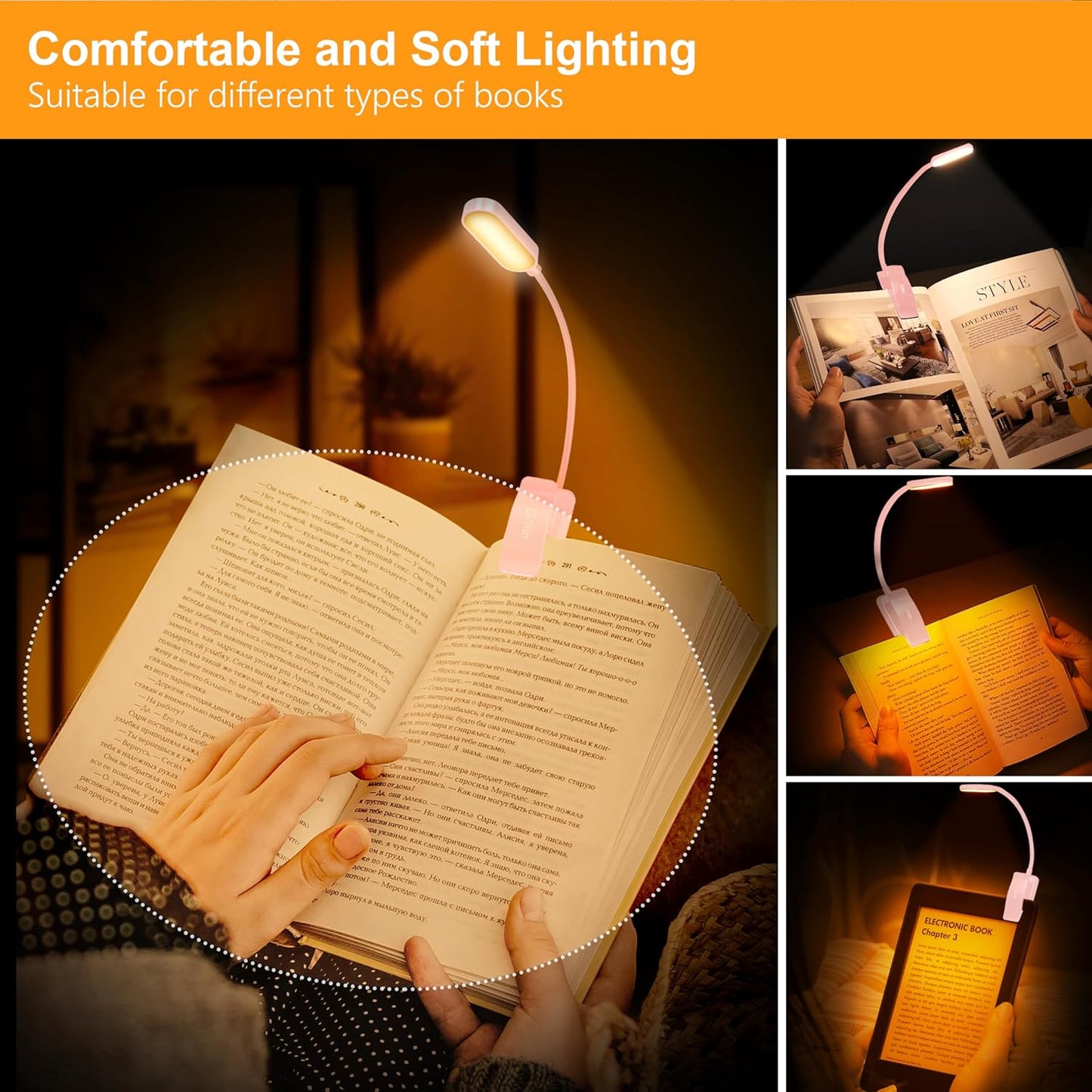 Gritin 16 LED Rechargeable Book Light for Reading in Bed- Eye Caring 3 Color Temperatures, Stepless Dimming Brightness, 80 Hrs Runtime, Lightweight Flexible Clip on Light for Book Lovers-Pink