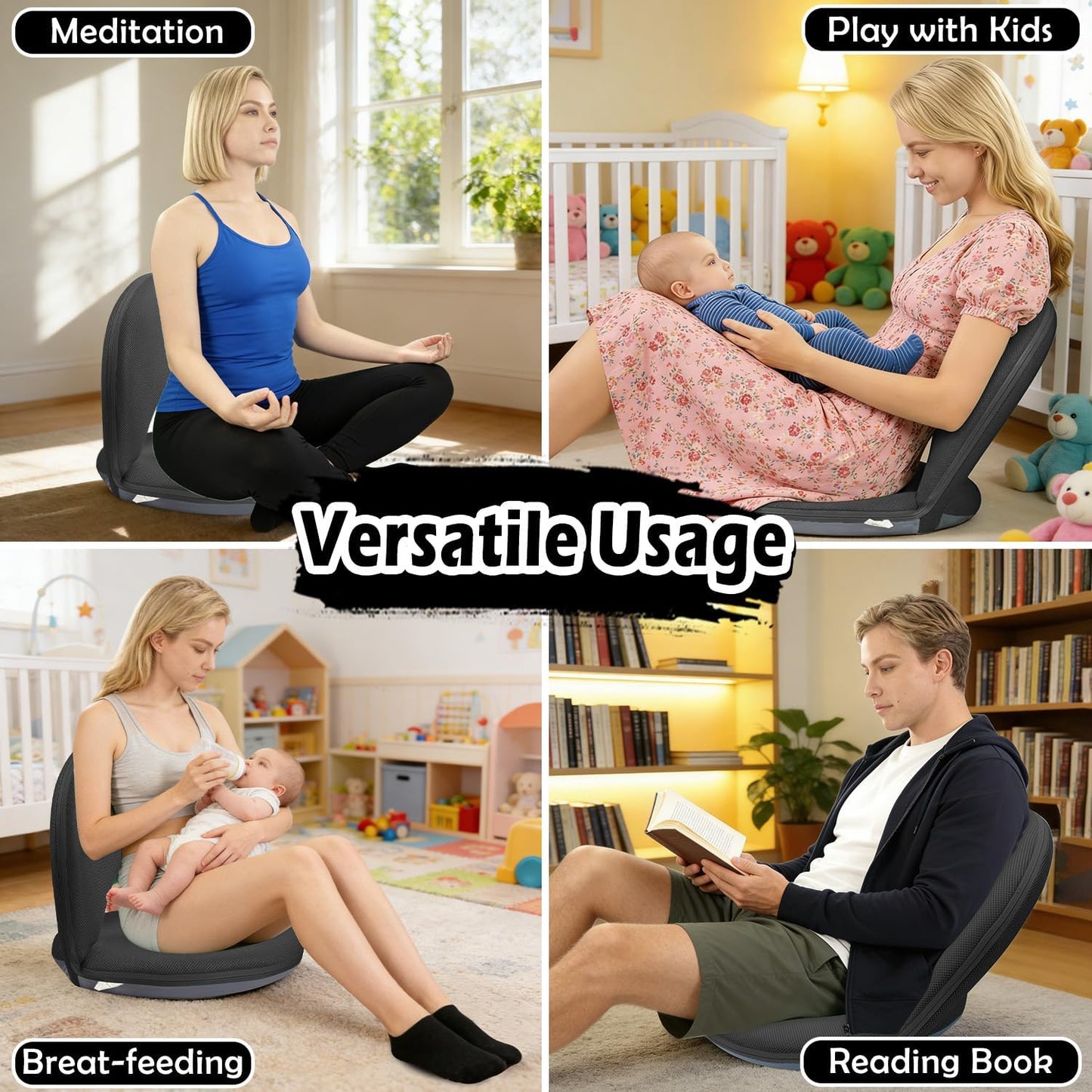 Floor Chair Floor Cushion Folding Padded Gaming Chair Adjustable 5-Position Floor Seat with Back Support for Kids Adult Great for Gaming Reading Meditating (Black)
