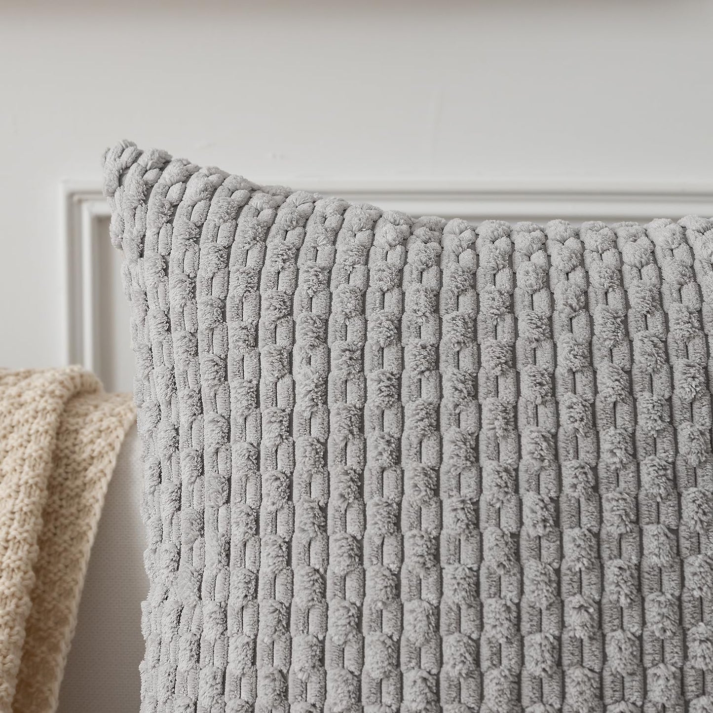 Kevin Textile Decor Solid Decorative Pillow Case Striped Jacquard Cushion Cover for Lumbar Light Grey 12x20 Inch (30x50cm) 2 Pieces