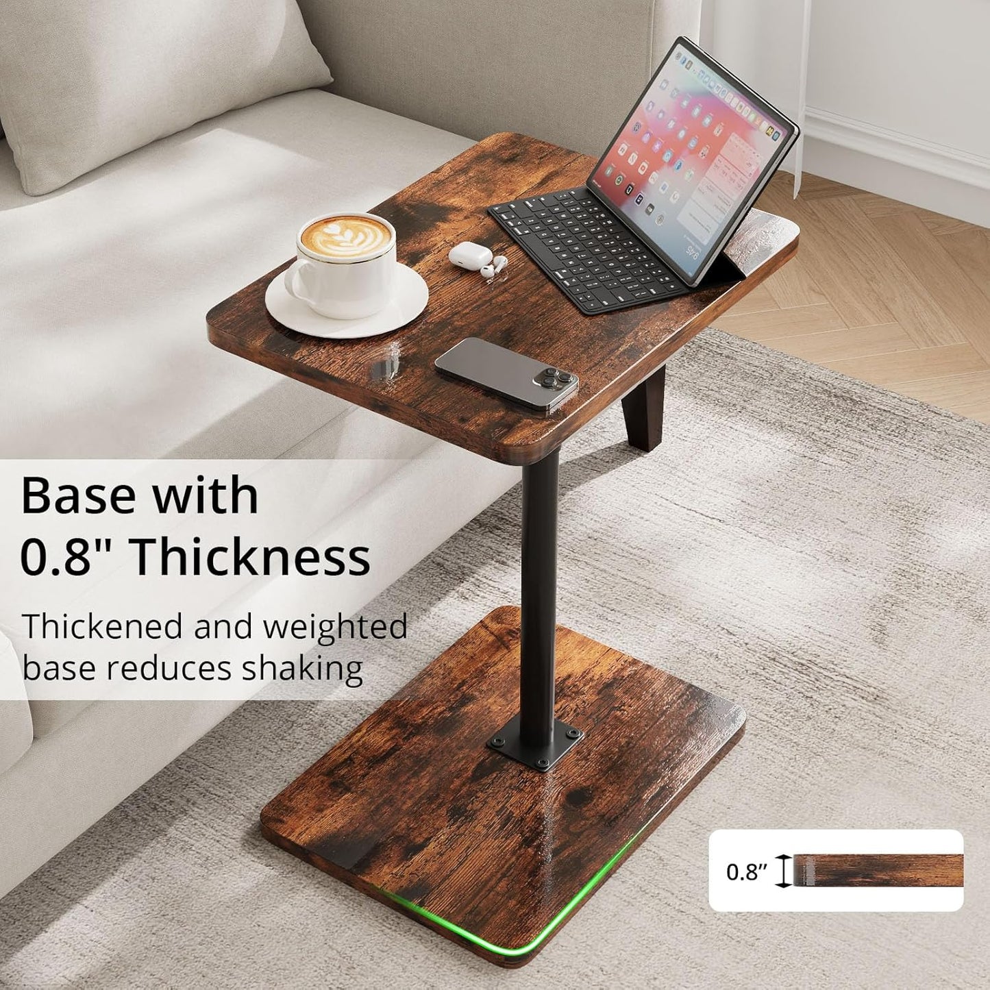 TV Trays for Eating on Couch - Height Adjustable C Shaped End Table with 360° Swivel, Slide Under Sofa Side Table for Small Spaces, Snack Table for Bed Chair Living Room Bedroom Laptop, Rustic Brown