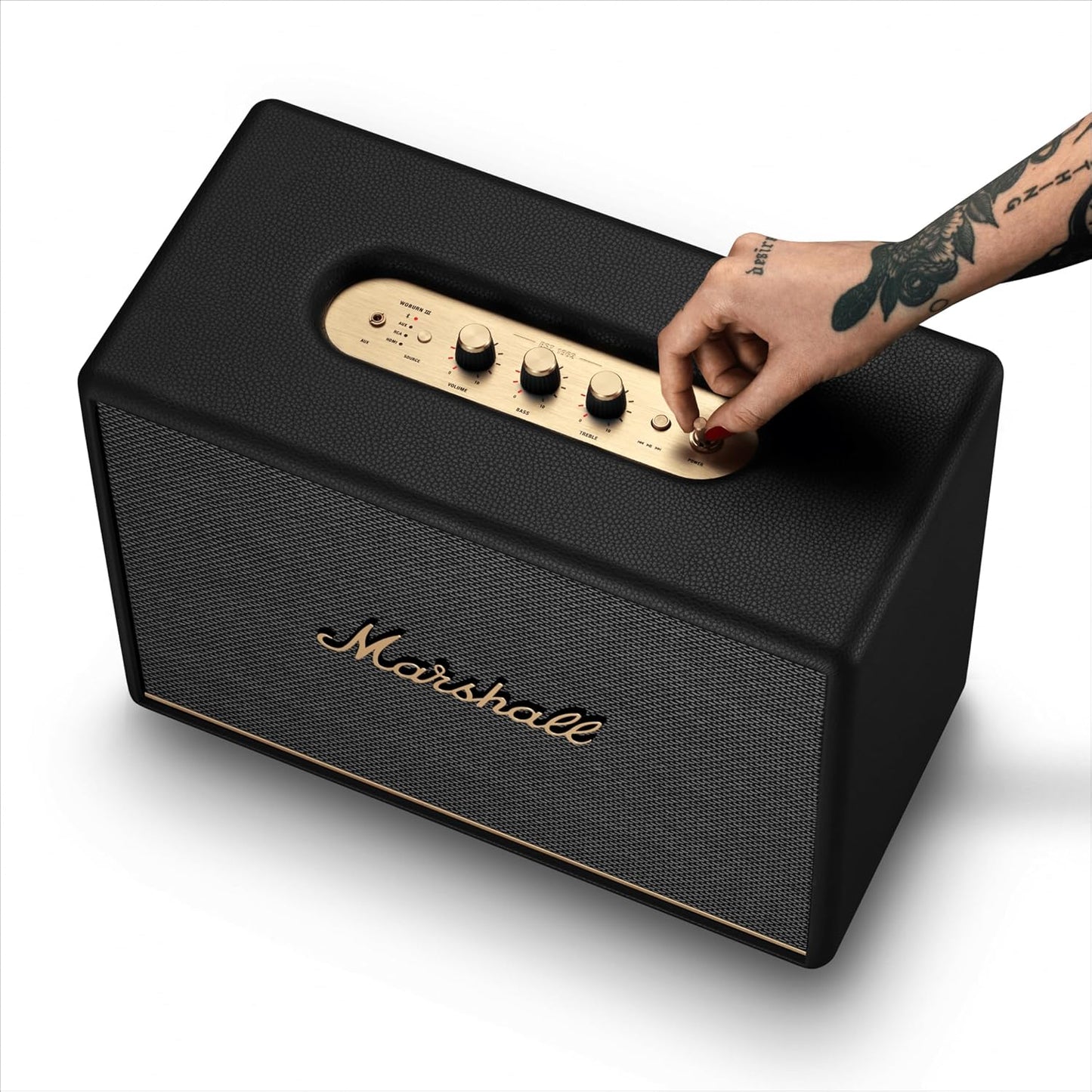 Marshall Woburn III Bluetooth Home Speaker - Loud Stereo Sound with Bass and Treble Controls | Plug-in Powered | Record Player Compatible | HDMI, RCA, 3.5 mm Aux Inputs - Black