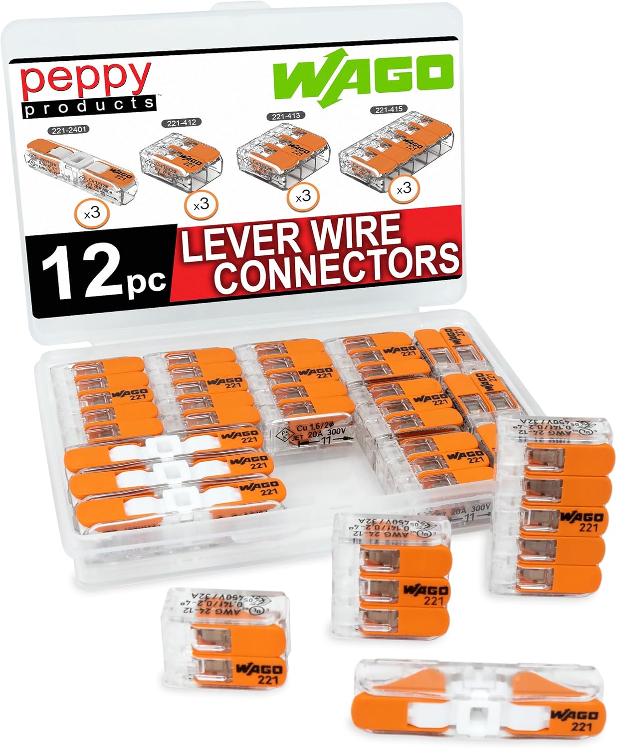 WAGO 221 Lever Nuts 12pc Compact Splicing Wire Connector Assortment with Case | Includes 221-2401, 221-412, 221-413, 221-415