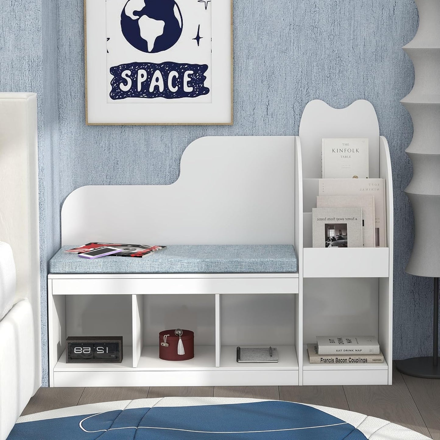 TaoHFE Reading Nook for Kids with 4 Storage Cubes and Cushion, Kid Bench with Kids Bookshelf and Toy Storage, Multifunctional Kids Reading Nook for Living Room, Kid Room, Nursery, White