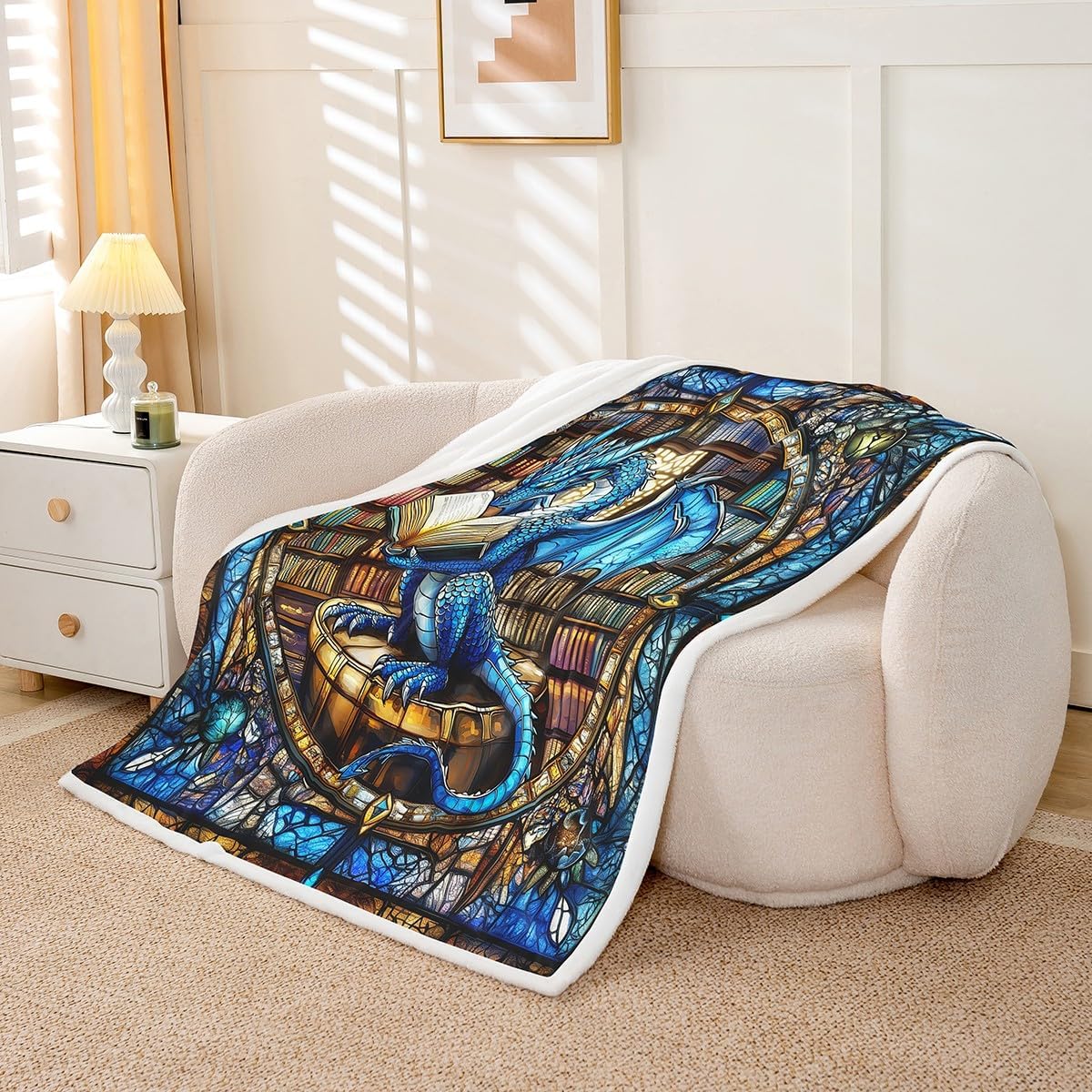 Manfei Western Dragon Kids Throw Blanket,Blue Dragon Reading Book Bookshelf Bed Blanket for Boys Girls,Geometric Patchwork Abstract Fleece Blanket,Trippy Chic Fuzzy Blanket,Twin Size (60 x 80 Inches)