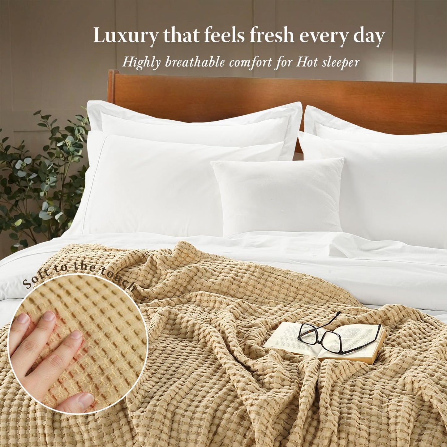 Threadmill Cooling Waffle Blanket King Size | Breathable, Lightweight and Cooling | Made from Rayon Derived from Bamboo | Waffle Throw Blanket for Couch and Sofa | 106 x 92 Inches | Beige