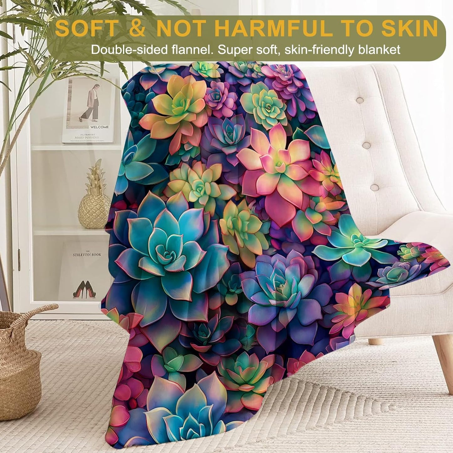 Succulent Plant Fleece Blanket - Lightweight Soft Cozy Gifts Throw for Plant Lovers,Kids,Women,Girls,Lush and Colorful Multicolored Meaty Blankets,Home Room Modern Art Decor 40x50in