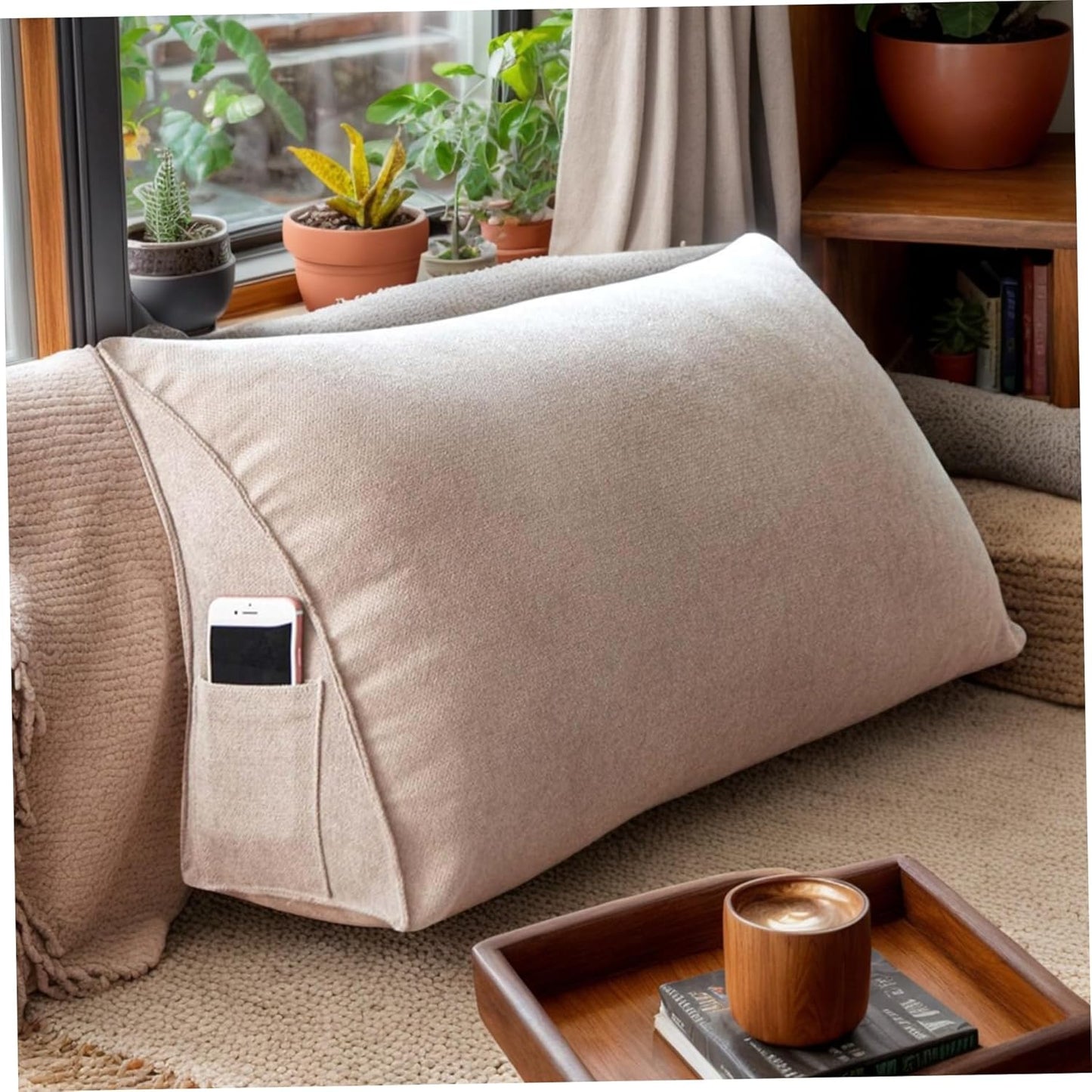 Reading Pillow Triangle Wedge Pillow Soft Back Support Comfortable Bed Reading Sofa Backrest Back Cushion for Sofa Bed Office Chair Khaki