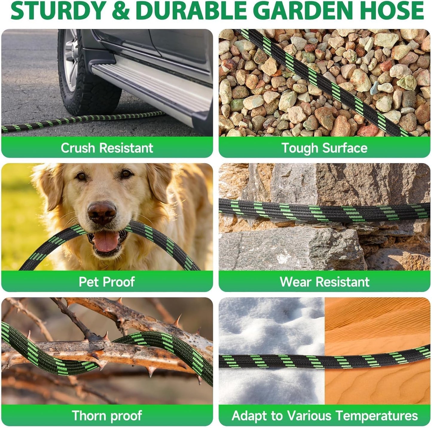 Garden Hose 100 ft Water Hose Flexible Non-Expandable Outdoor Heavy Duty Lightweight Leakproof Kink-free flex Watering Hose Pipe with Nozzle for 3/4 inch Fitting Yard Lawn Outside Car Wash