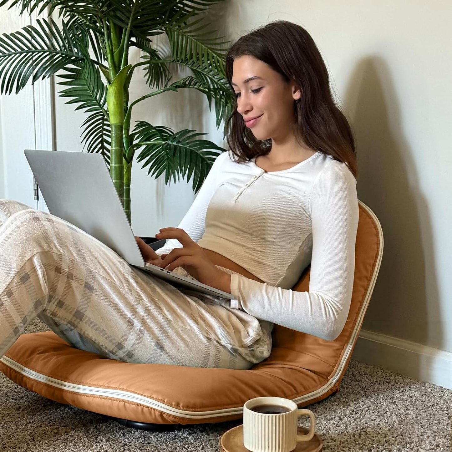ZonLi Folding Vegan Leather Saucer Moon Chair, Comfy Soft Cozy Papasan Lounge Floor Chair for Adults,for Bedroom, Dorm, Living Room, Gaming Room, Study Corner, Portable Seat,Brown
