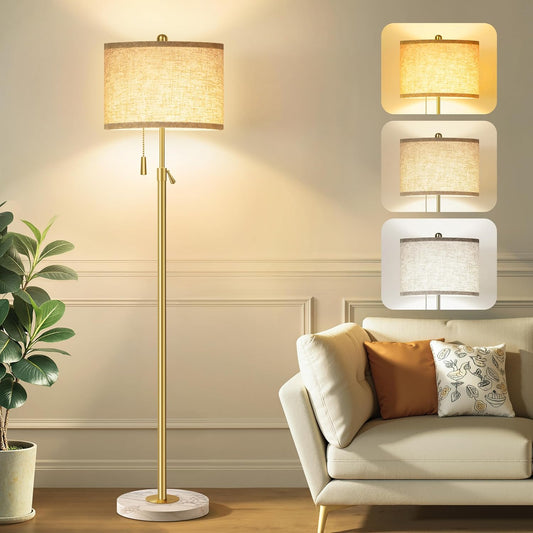 Modern Gold Floor Lamp for Living Room - Adjustable Height Standing Lamp with Marble Base & Linen Shade, 3-Way Dimmable Tall Floor Light for Bedroom, Reading, Bulb Included