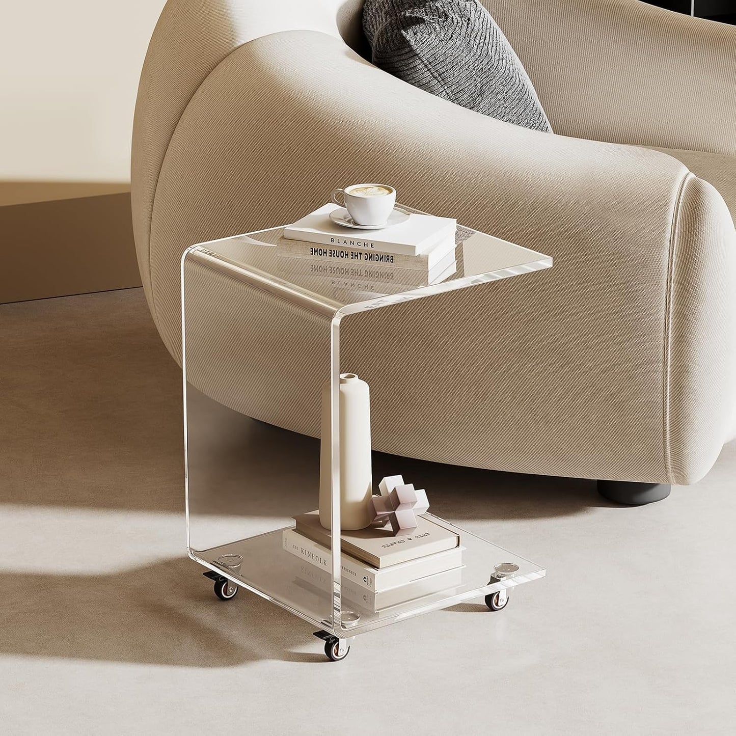 Modern Acrylic Side Table, C-Shaped Sofa Table Nightstand with Storage and Lockable Wheels for Living Room, Bedroom, Office, Bedside, Couch, 13.38" D x 14.17" W x 21.65" H