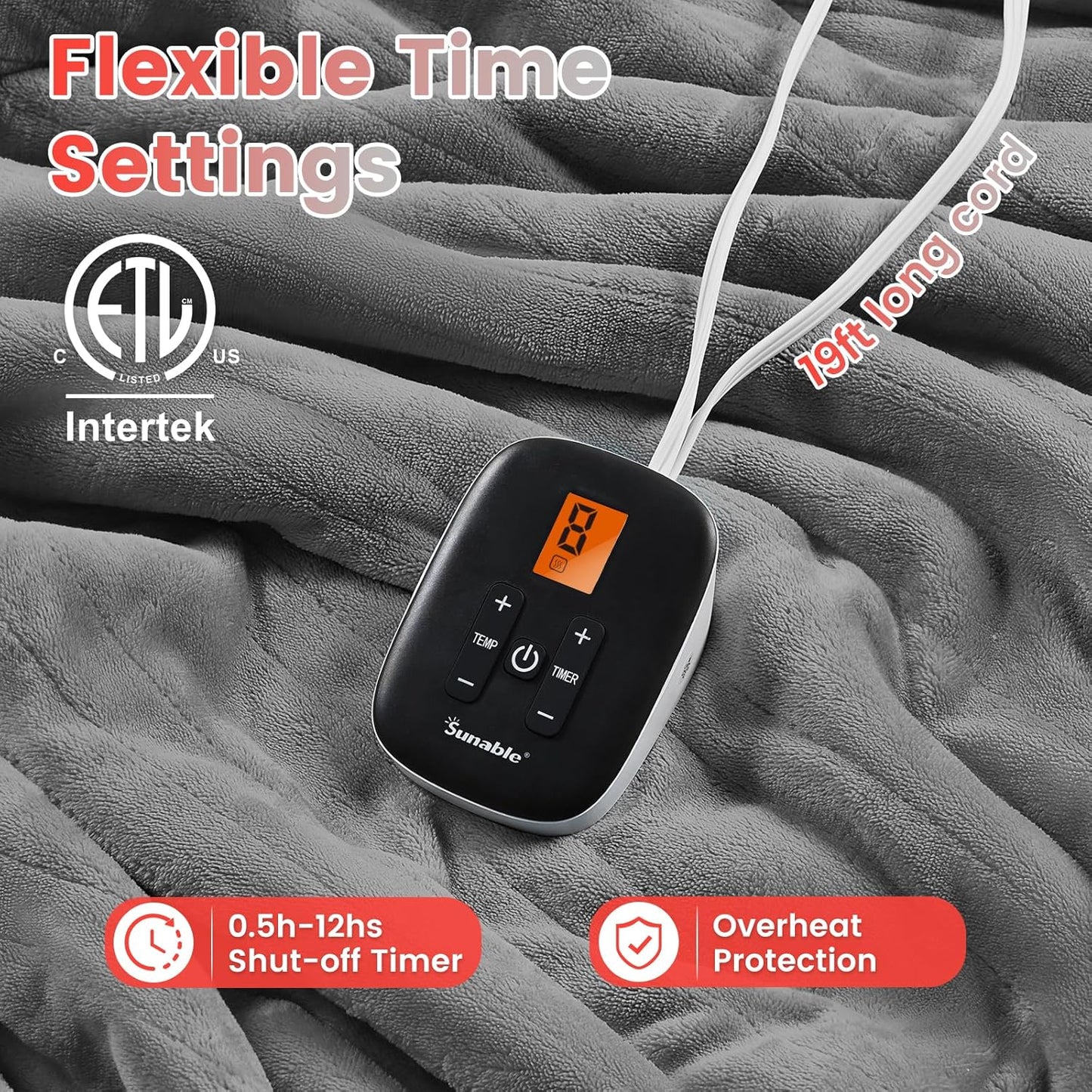 Sunable Heated Electric Blanket - Machine Washable Blanket with Time Settings Heat Settings Twin Size 62×84 inches, ETL Certified, Grey - Velvet & Sherpa