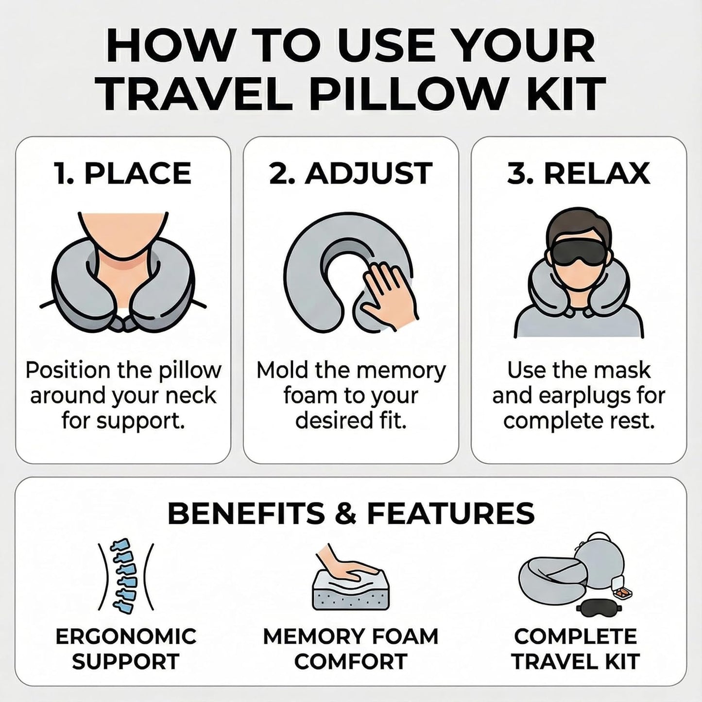 Travel Neck Pillow with Memory Foam & Chin Support – Includes Cute Macaron EVA Water-Resistant Carry Case, Eye Mask & Ear Plugs (Light Grey)