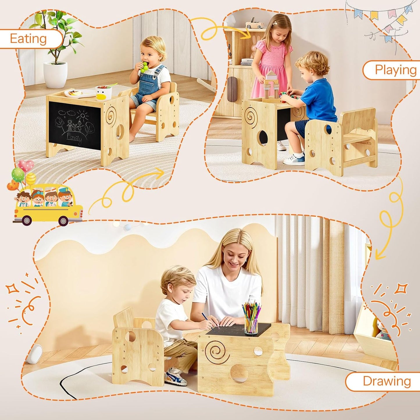 HOOBRO Kids Table and Chair Set, Bamboo Toddler Table and Chair Set with Chalkboard, 3 in 1 Kids Table and 1 Chair for Ages 1-3, 3-Height Adjustable Chair, for Reading Eating Playing Natural YB20KT01