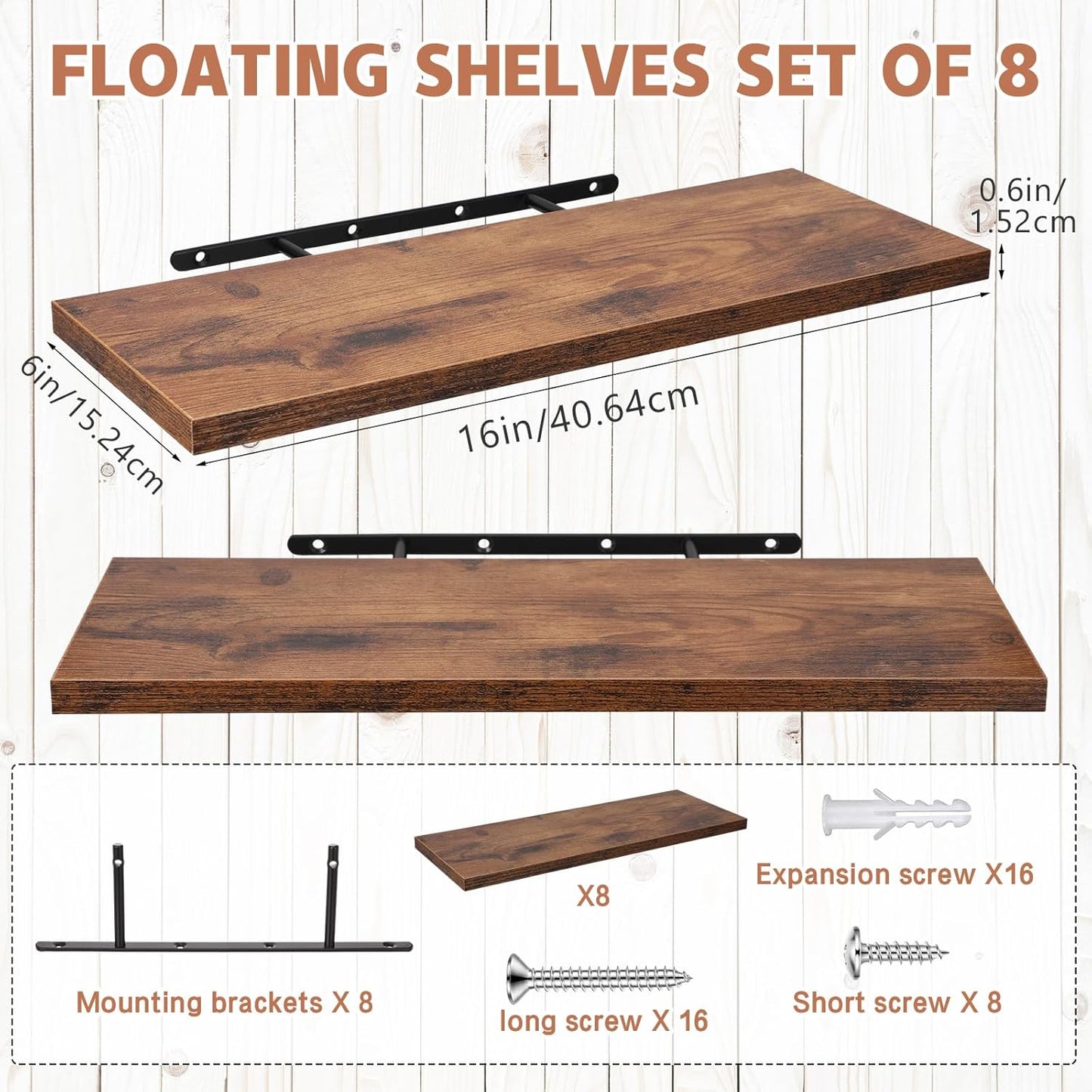 Sliner 8 Pcs 16'' Floating Shelves for Wall with Invisible Brackets, Rustic Wood Deep Wall Mounted Shelves for Home Decor, Storage & Display, Bookshelf for Bedroom, Bathroom, Living Room, Kitchen