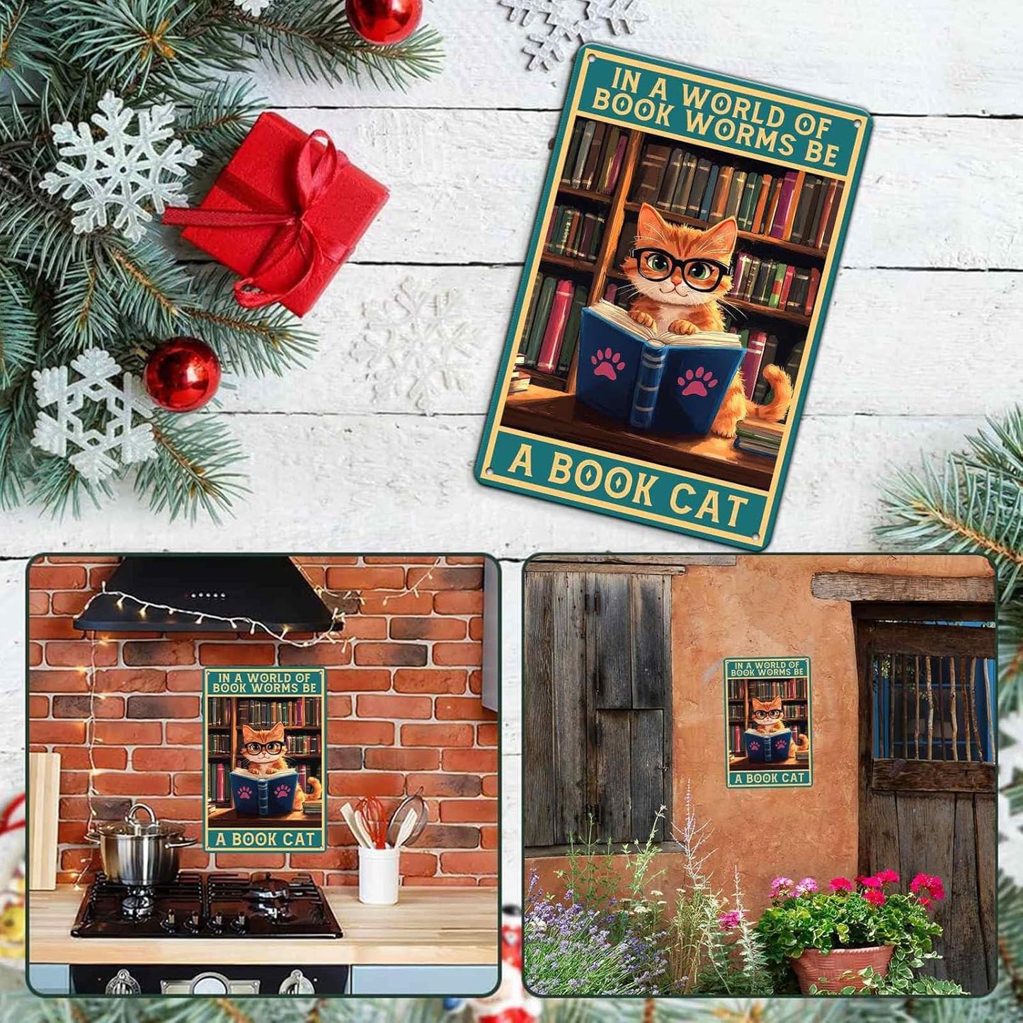 Cute Cat Reading in a World Full of Book Worm Be a Book Cat Wall Decor Study Metal Poster for Home Library Cafe Bar 12 * 8in