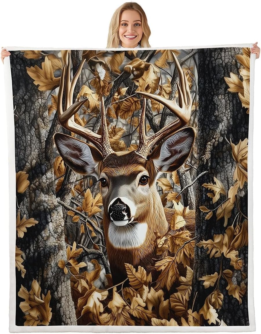 Feelyou Camo Deer Fleece Throw Blanket Throw 50"x60" Kids Western Deer Hunting Plush Blanket Boys Camo Moose Sherpa Blanket Camouflage Deer Hunting Fuzzy Blanket