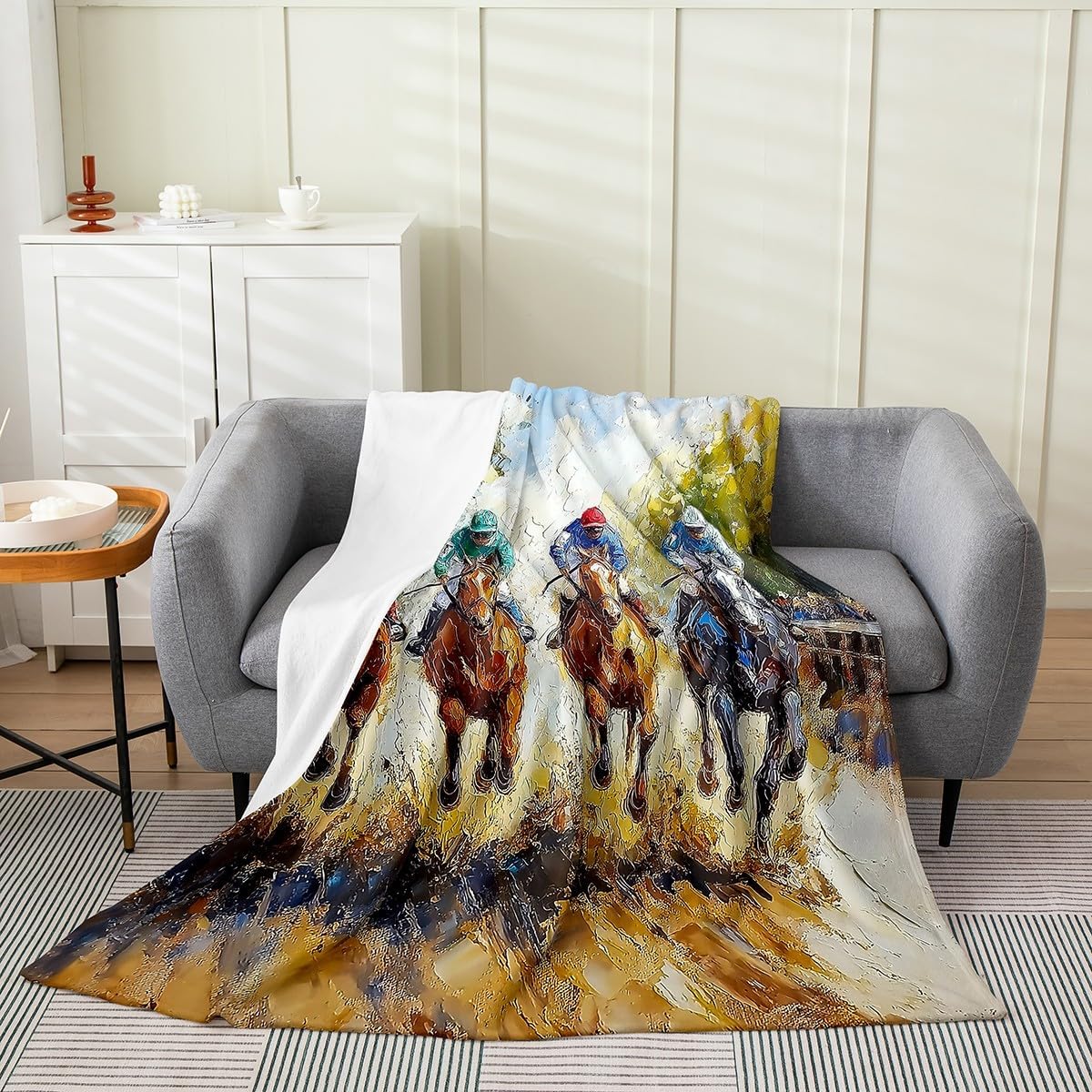 Erosebridal Racing Horse Fleece Blanket Throw 50x60 Derby Sport Theme Flannel Blanket for Boys Men Farmhouse Western Cowboy Fuzzy Plush Throw Galloping Horse Wildlife Equestrian Pattern,Brown