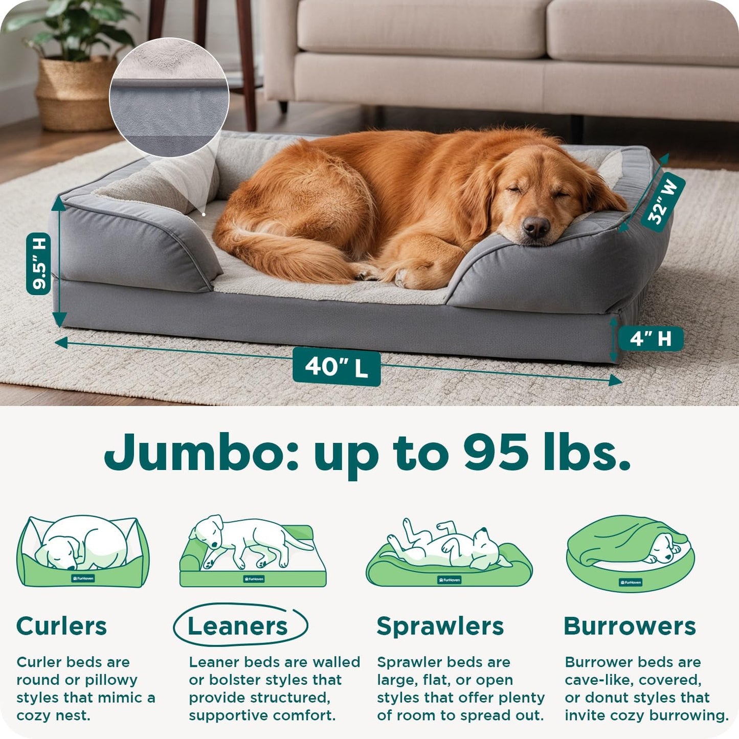 FurHaven Cooling Gel Dog Bed for Large Dogs, Perfect Comfort Sofa Bed with Cool Gel-Top Foam with a Solid Orthopedic Foam Base for Joint Support, Washable Cover, Jumbo XL, Plush & Velvet, Granite Gray