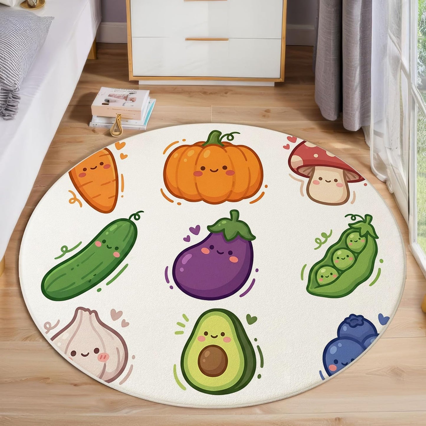 5Ft Round Washable Rug - Large Area Rug for Living Room Dining Room, Beige Soft Bedroom Carpet with Cute Smiley Face Vegetables Pattern, Cartoon Plants Décor, Low Pile Stain Resistant