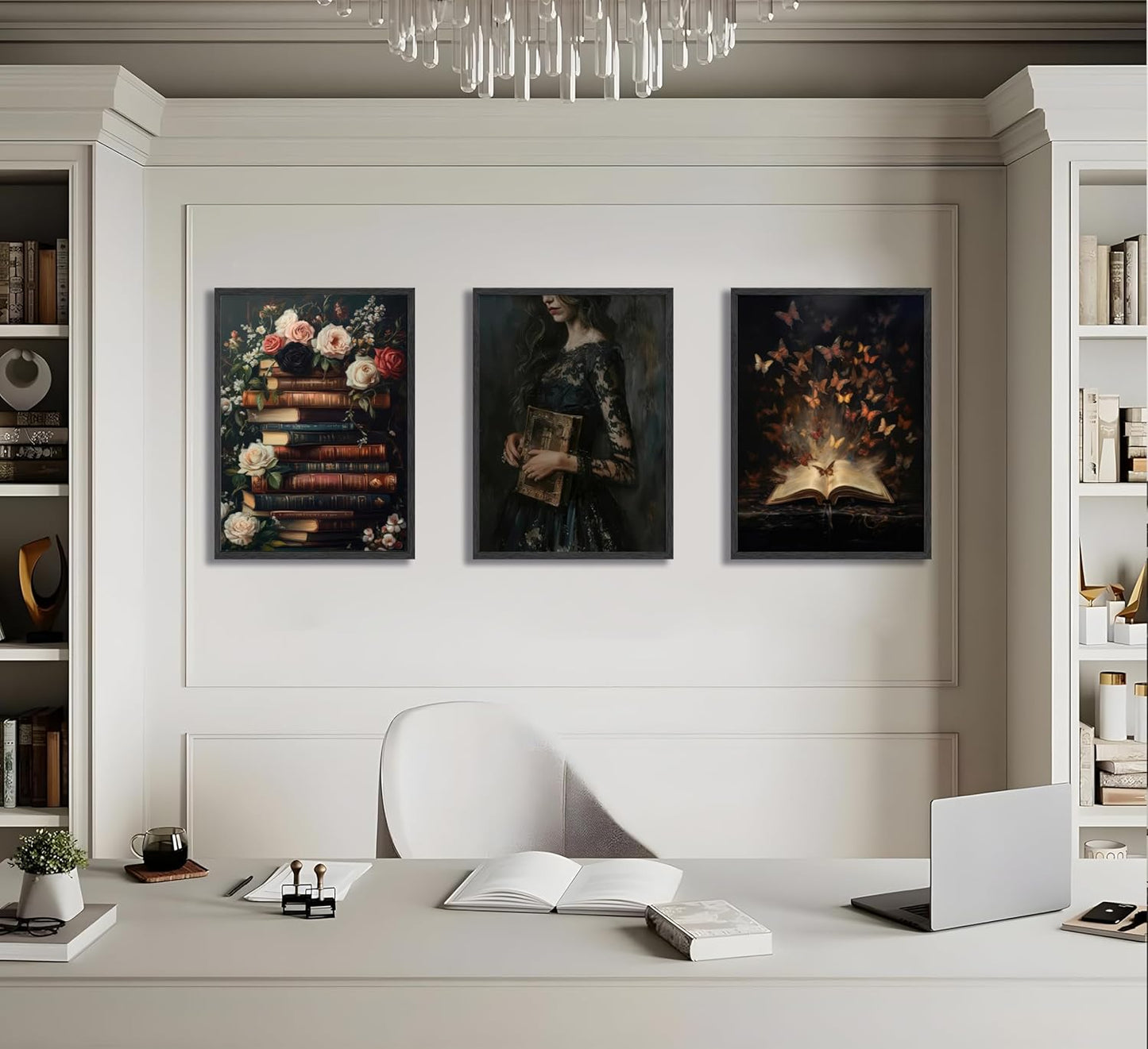 3Pcs Victorian Reading Wall Art Vintage Floral and Book Reading Posters a Mysterious Woman and Butterfly Wall Decoration a Dark Academic Aesthetic Canvas Painting Prints for Bedroom or Study Decor (Unframed)