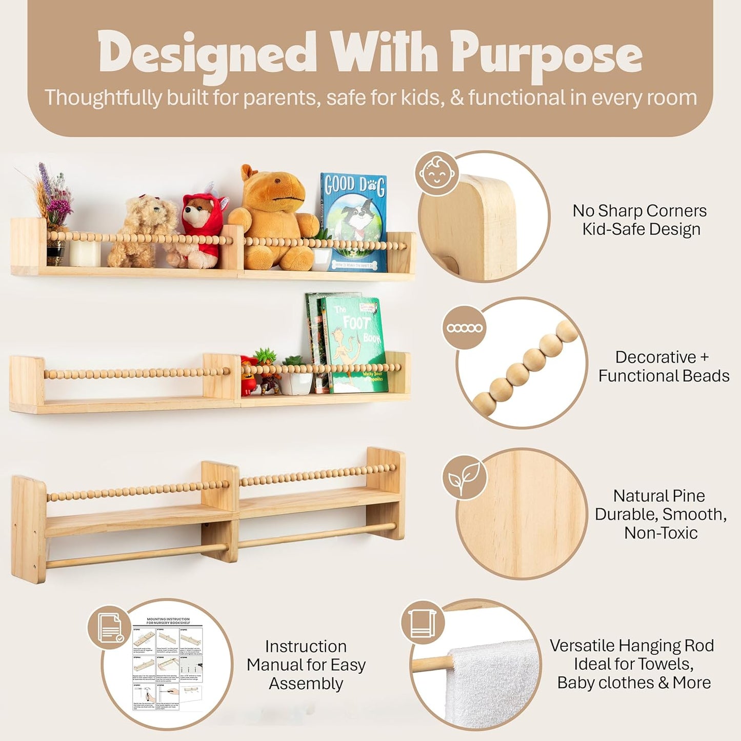 Floating Book Shelves for Nursery – Nursery Shelves for Wall with Hanging Rod – Set of 3 Wooden Wall-Mounted Shelves, Rounded Edges, Bookshelf for Kids Room Decor, 31.5" x 3.9" x 3.7
