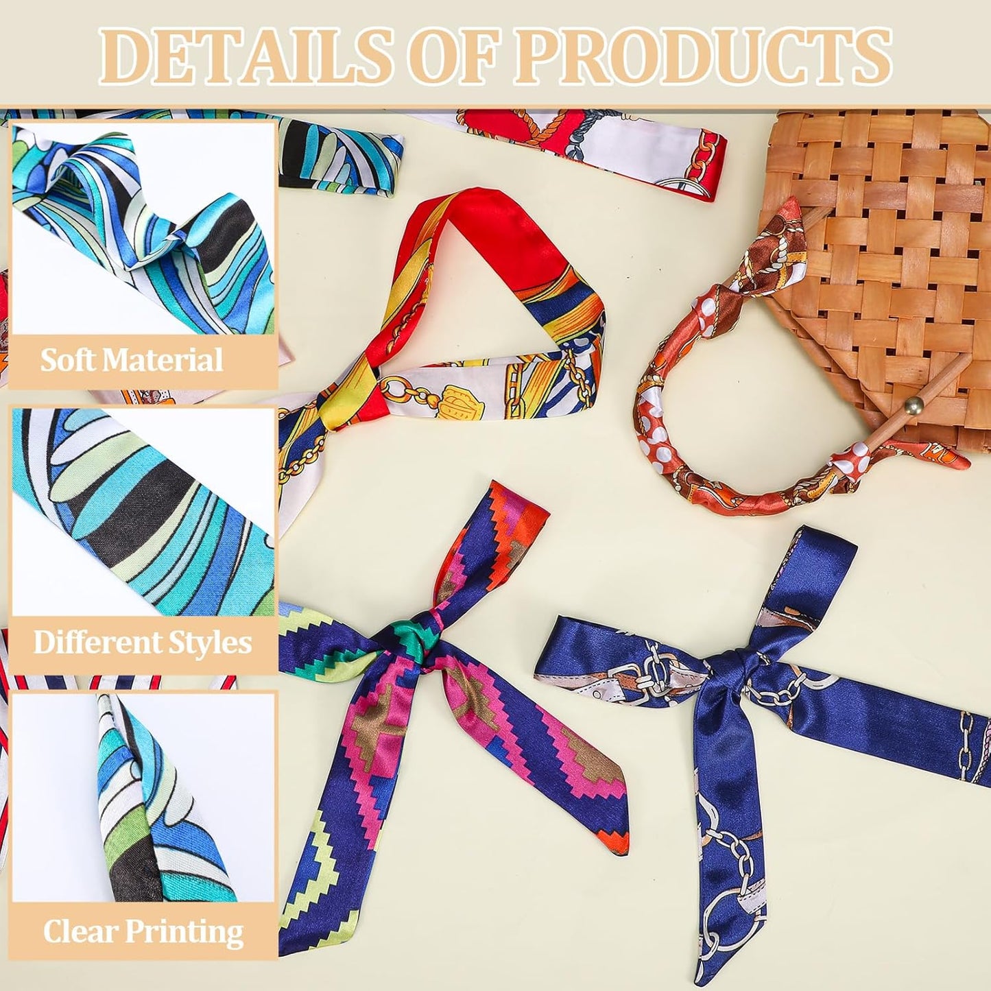 JATEBI 24 Pcs Women Handbag Head Scarf Band Narrow Hair Purse Neck Scarf Ribbon Satin Head Neckerchief Silk