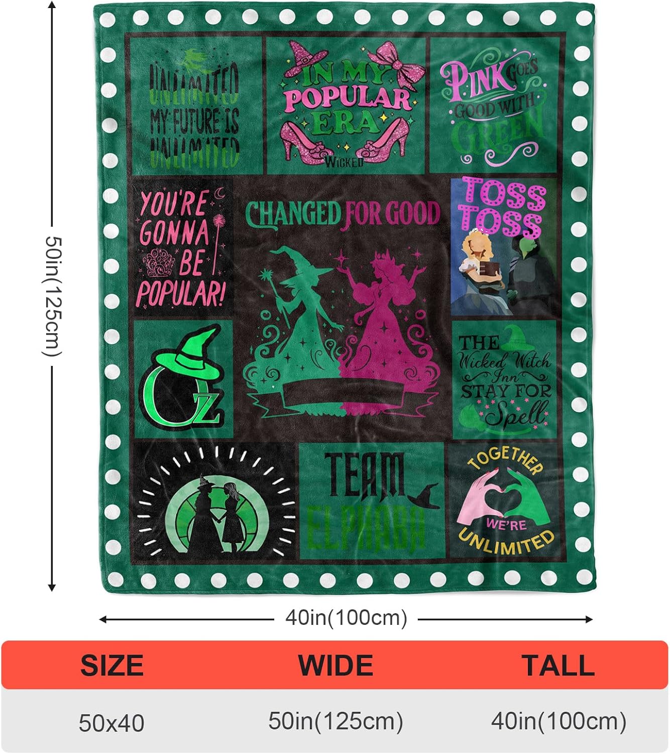 50'' x 40'' Witch Green Vintage Flannel Blanket, Evil Gift Queen Throw Broom, Elphaba Hat Glinda Magic Movie Land Blanket, All Seasons Warm Cozy Soft Blanket for Sofa Bed Halloween Women Girls Fans 1