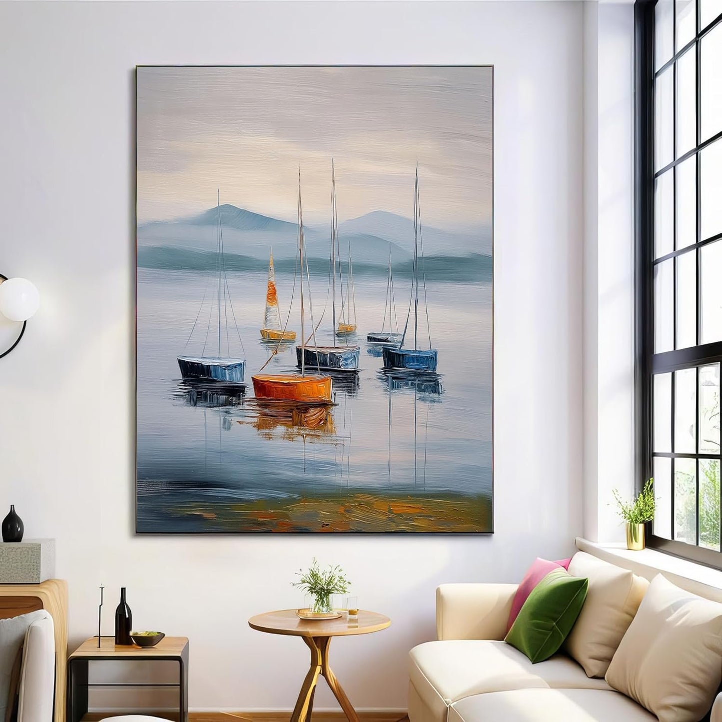 GDJSMIN Minimalist Oil Painting Style Wall Art, Ocean Blue Sailboat Texture Poster For Reading Room Living Room Decor 12X 16 Inch Unframed