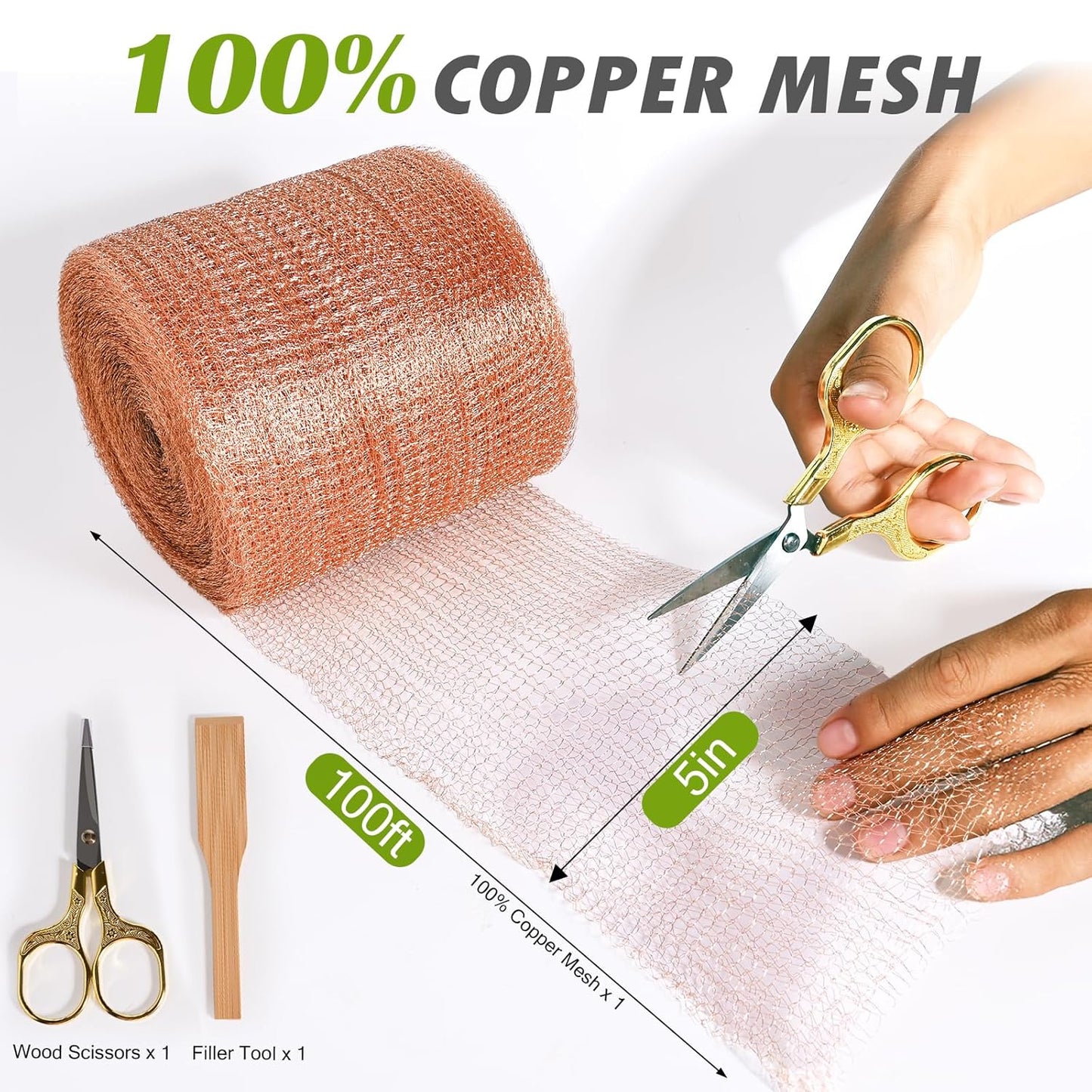 Copper Mesh Rodent Control Copper Wool for Slugs Mice Pest Snail Bird Control 5" x 100 ft Copper Wire for Weep Hole Covers Rodent Mesh