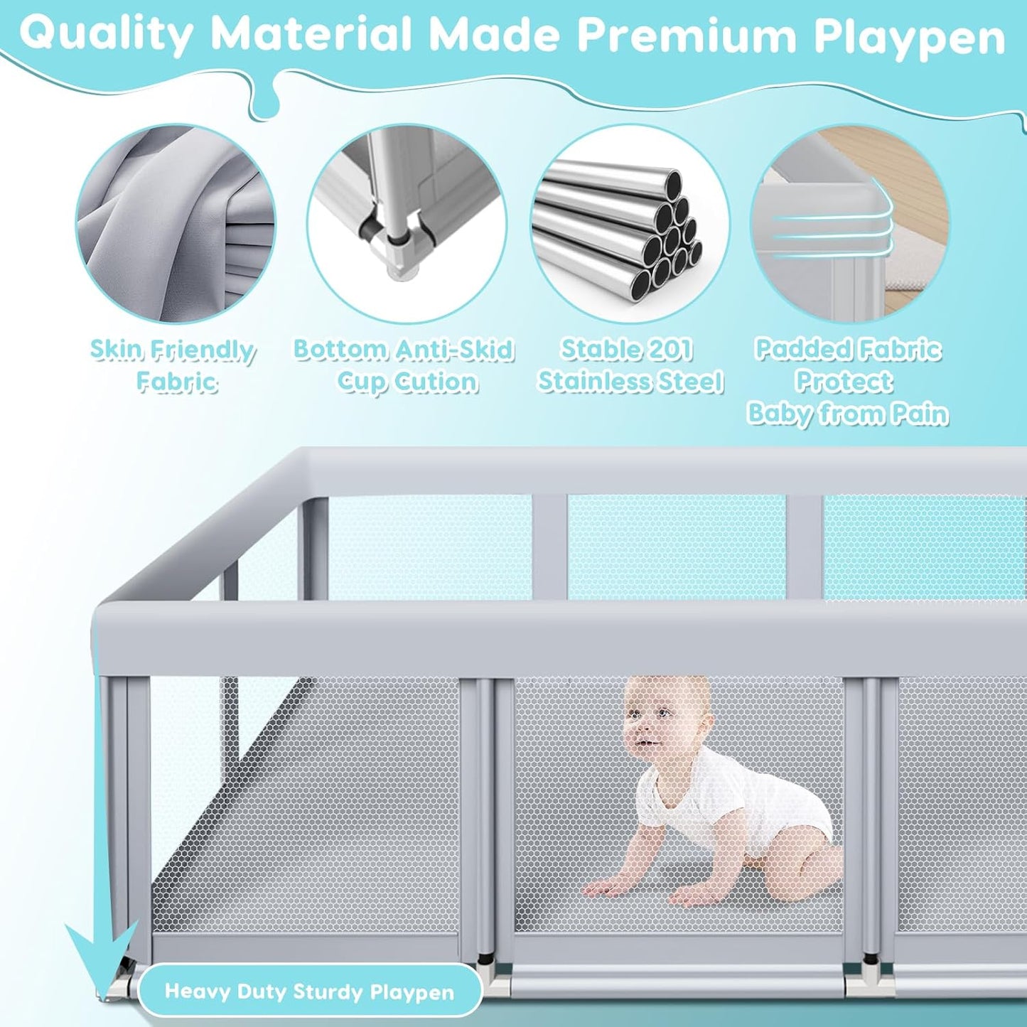 74" ×50" Large Baby Playpen, Baby Playard for Babies and Toddlers, Baby Fence Play Pens for Indoor & Outdoor, Sturdy Safety Play Yard with Soft Breathable Mesh, Anti-Fall, Grey