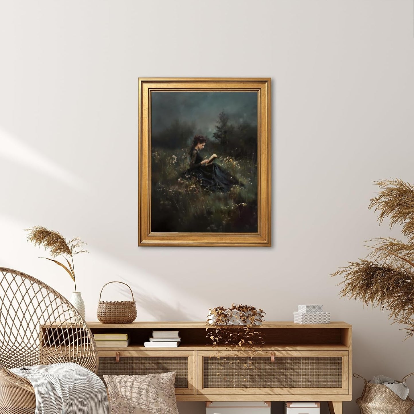 PMKXFGK Large Framed Wall Art Woman Reading in Field Poster Canvas Print Vintage Gothic Aesthetic Painting Dark Academic Pictures Wall Decor for Living Room Bedroom Apartment 24x36inch Golden Frame