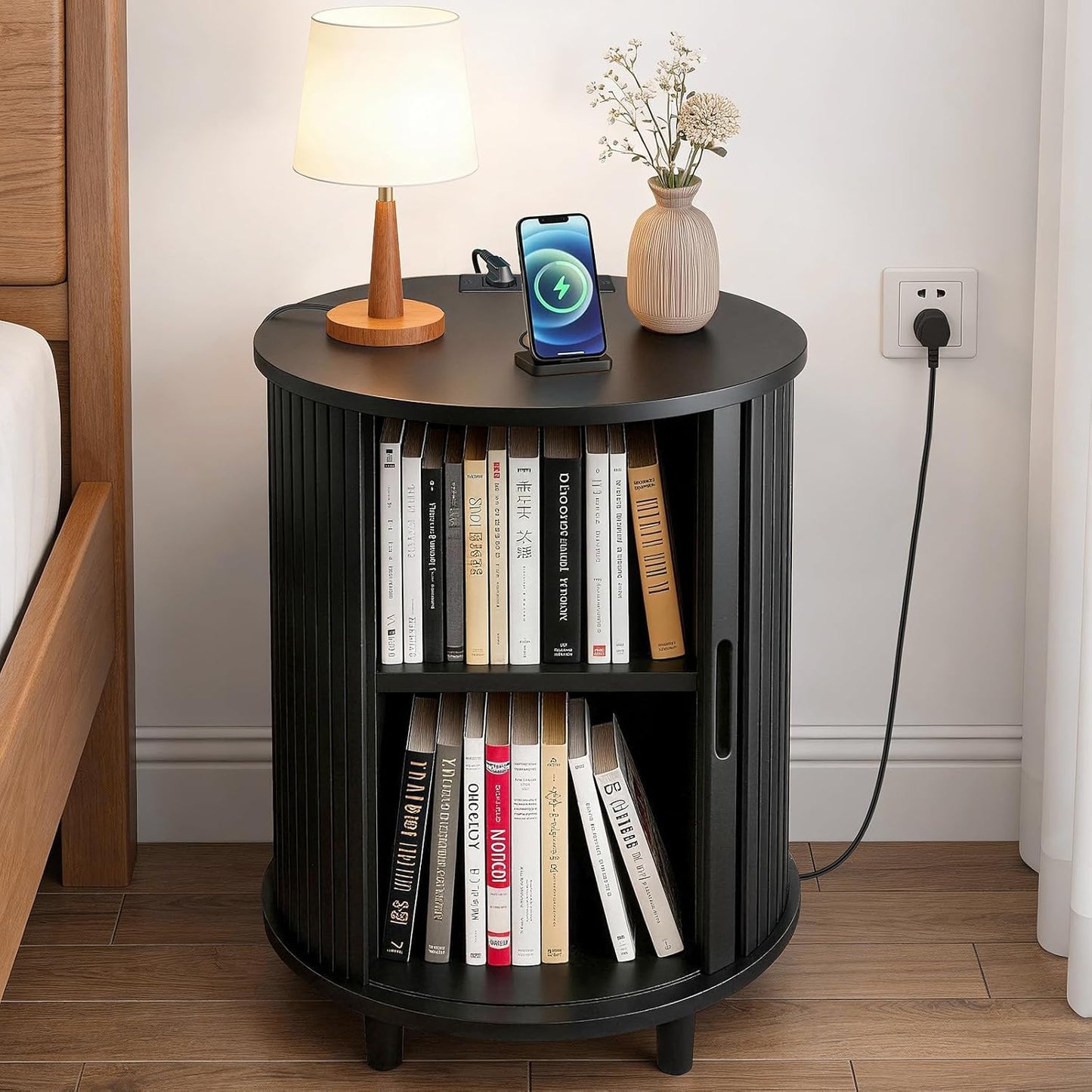 DHH Round End Table with Storage & Charging Station, Fluted Accent Side Table with Sliding Door & Adjustable Shelf, Mid-Century Nightstand for Small Spaces, Living Room, Bedroom (1, Black)