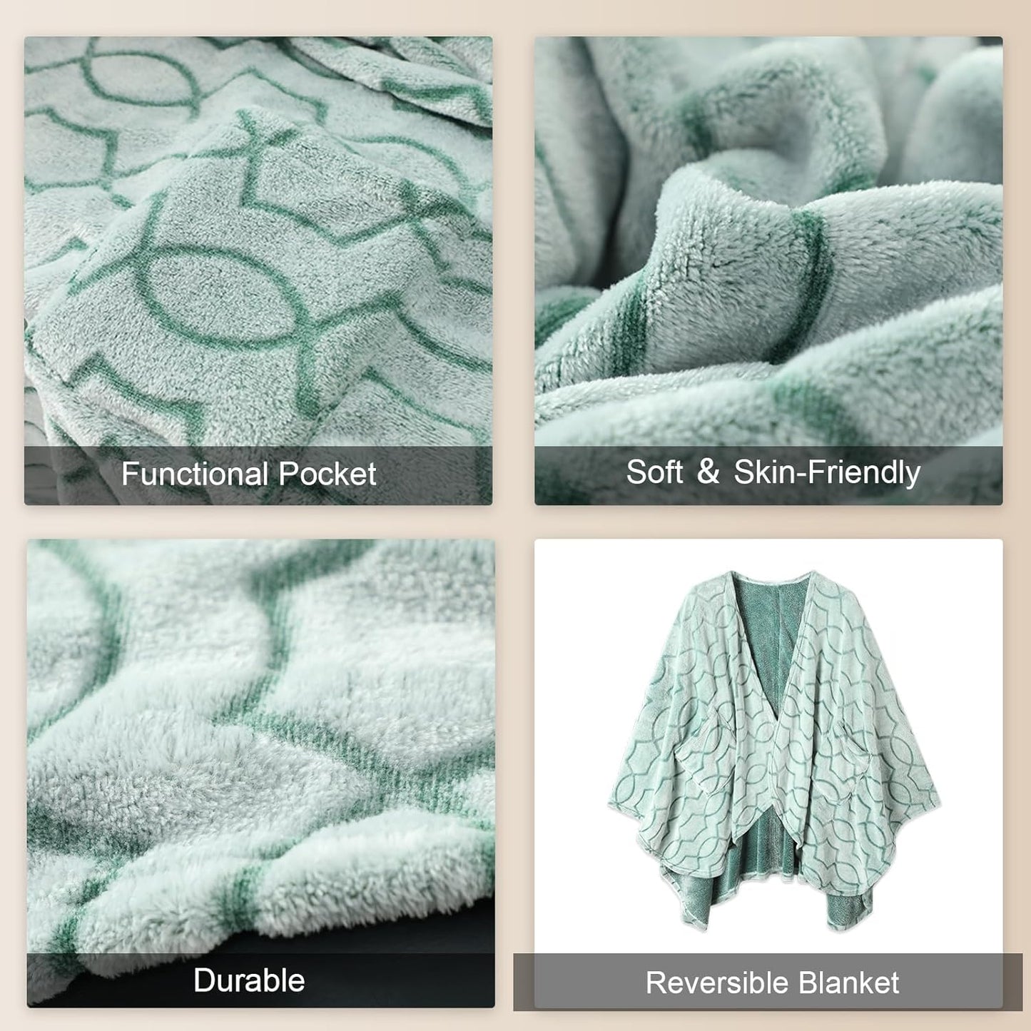 Bcareself Double-Sided Wearable Blanket Ultra Soft Flannel Shawl Blanket, Reversible Blanket,with Pockets, for Women and Men