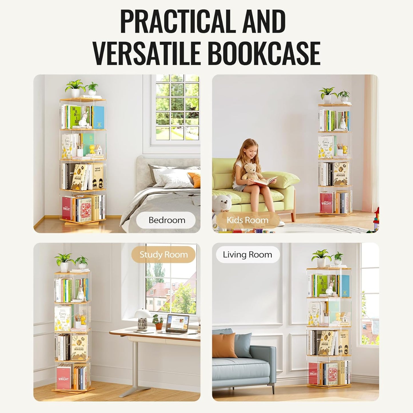 Rotating Bookshelf, 360 Degree Revolving Bookcase, 4-Tier Spinning Bookshelf, Clear Acrylic & Solid Wood Rotating Bookcase for Kid’s Playroom, Bedroom and Living Room, Square