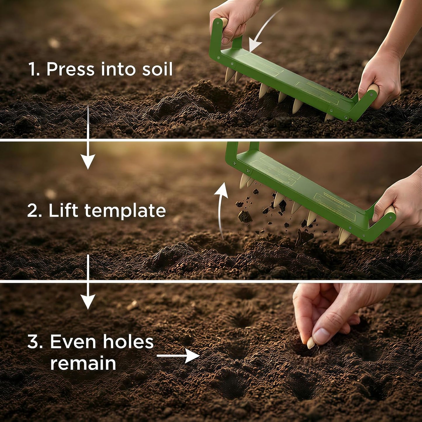 Seed Spacer Tool - Innovative Steel Gardening Template for Organized Planting & Bigger Yields – DIY Layout with Interchangeable Pegs, Ergonomic Wooden Handle
