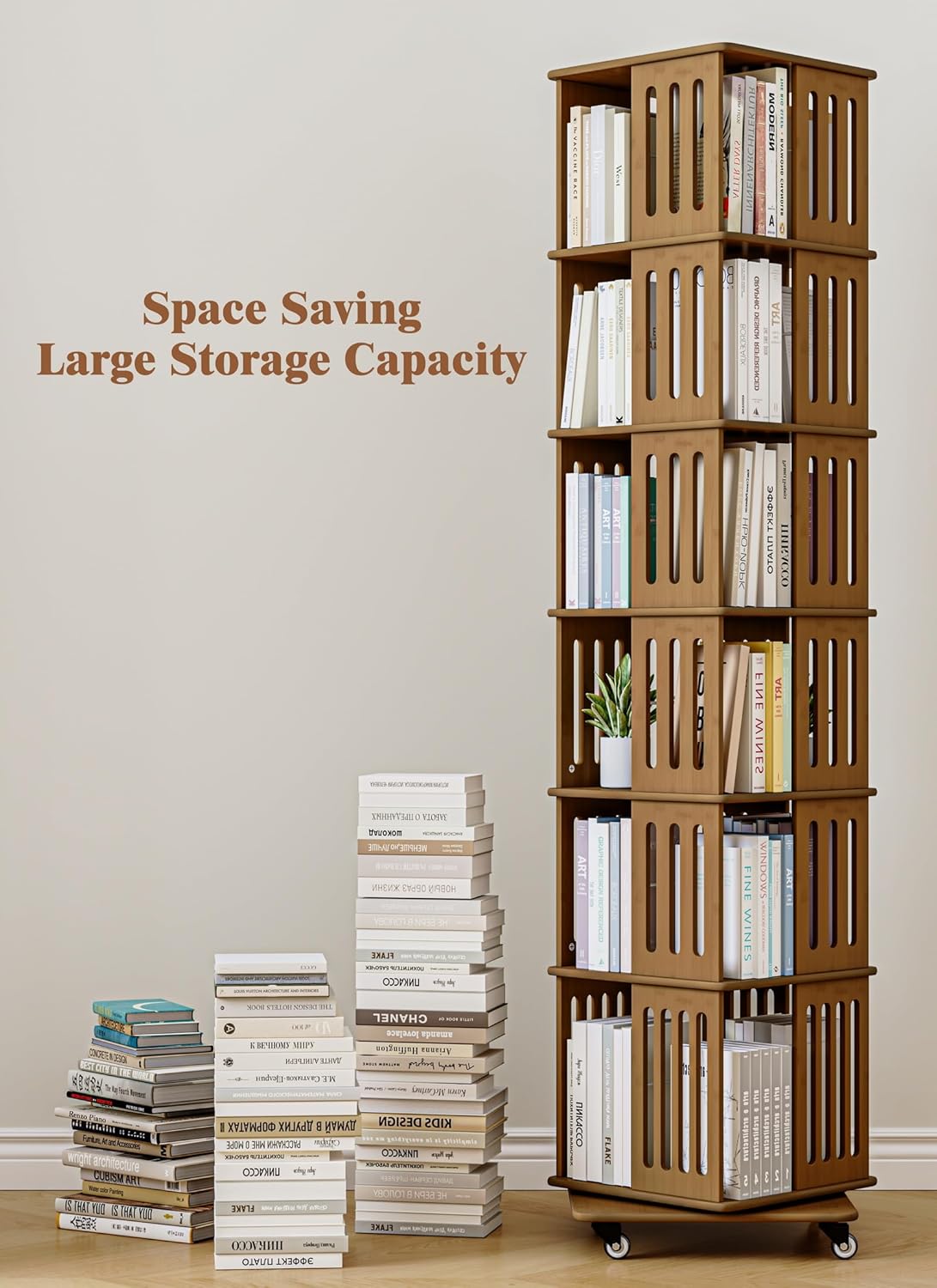 Baoz 6 Tier Square Rotating Bookshelf, 360 Display Spinning Bookcase Organizer with Bamboo, Corner Floor Standing Storage Rack for Small Space, Bedroom, Living Room, Home Office