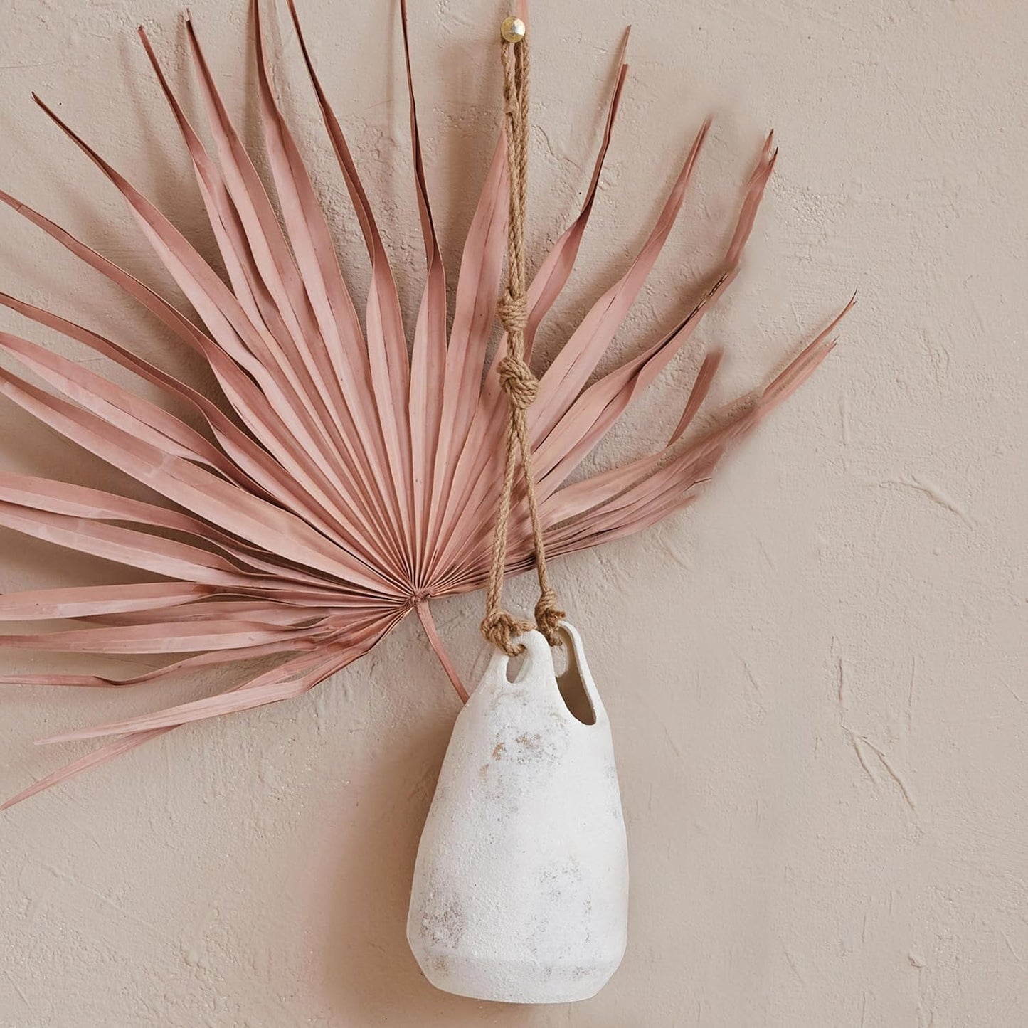 Creative Co-Op Large Stoneware Hanging Planter with Jute Rope Hanger and Distressed Volcano Finish, White