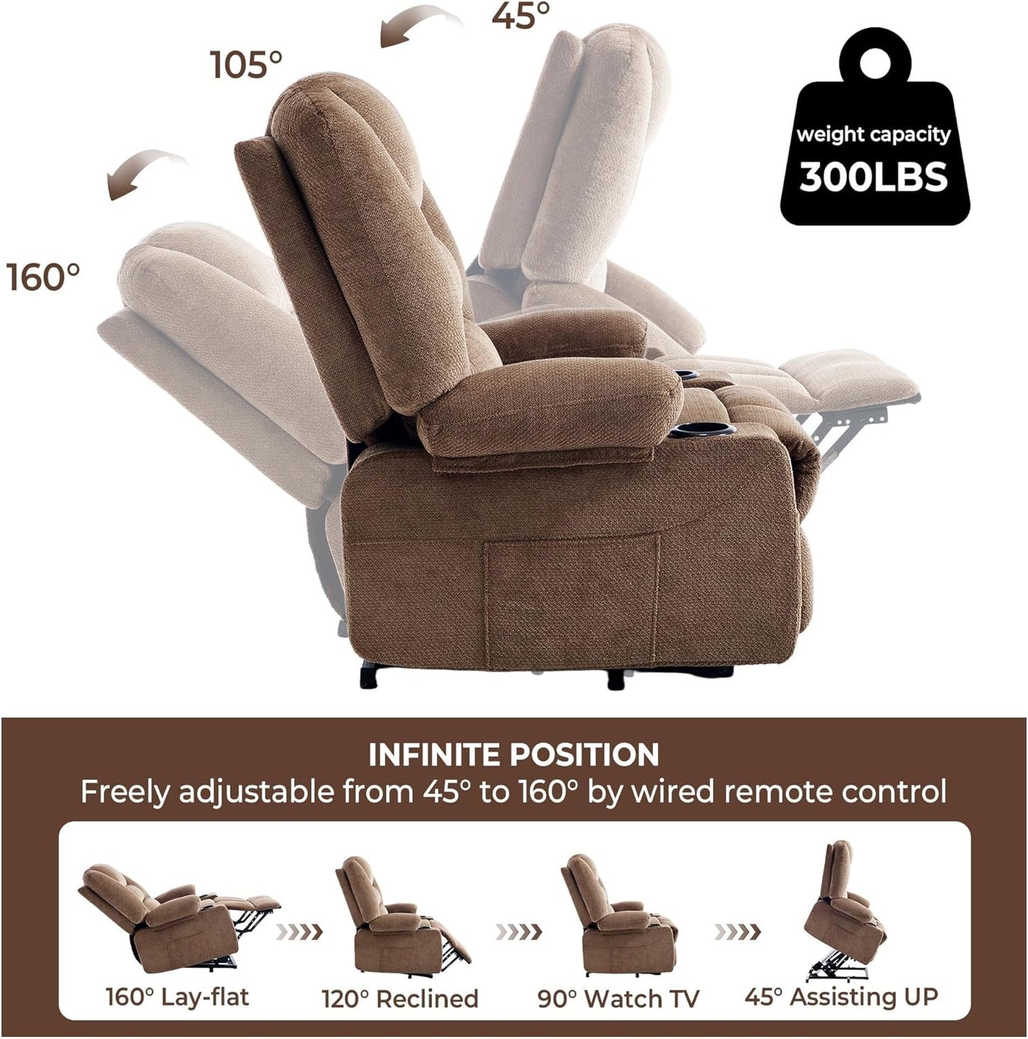 Overstuffed Fabric Electric Massage Recliner Chair for Elderly People with Heat with USB Port Cup Holder Brown Power Lift Recliner Chair for Seniors Adults
