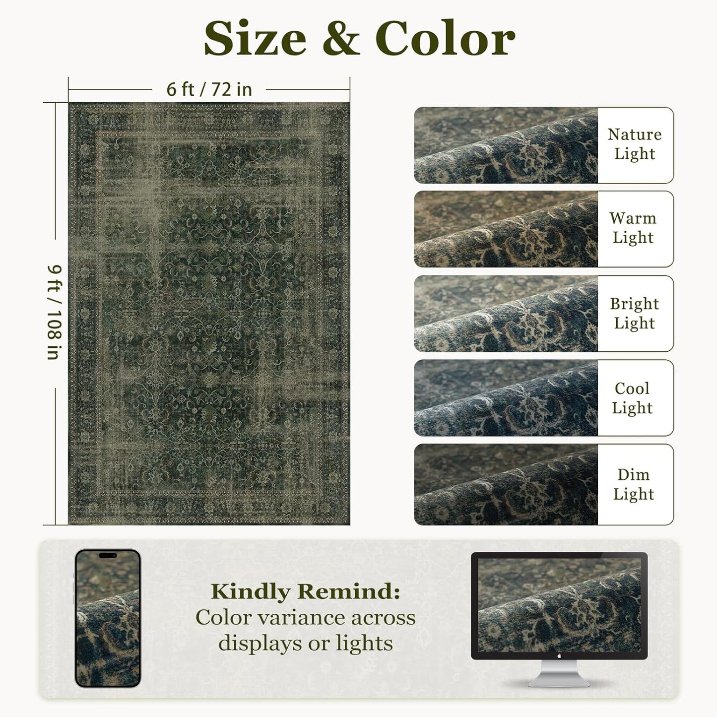 Area Rugs 6x9 Dark Green, Vintage Distressed Earth Tone Living Room Rug Washable Low Pile, Dark Moody Carpet Rug for Bedroom Dining Room Non Slip, Home Office Reading Nook