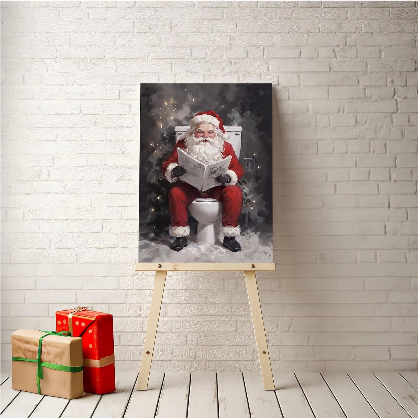 Funny bathroom wall decor Santa Claus going to toilet and reading newspaper art print bathroom wall art farmhouse wall decor canvas wall art for bedroom christmas posters