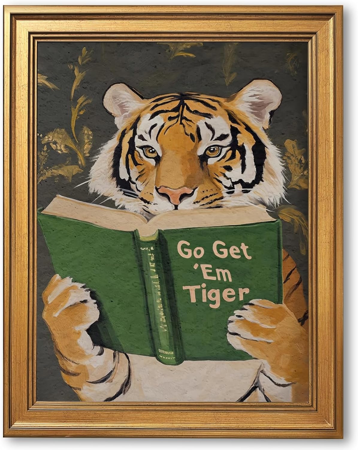 Large Gold Framed Reading Tiger Canvas Wall Art Go Get Em Wild Animal Painting Poser Prints Funny Booklish Jungle Inspired Surreal Picture Humor Big Cat Artwork for Rustic Room Decor 24x36inch