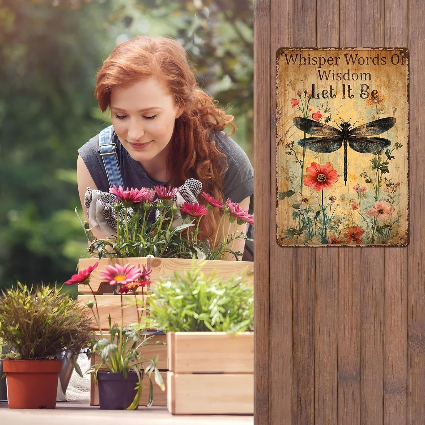 Dragonfly Tin Sign Plaque Tin Metal Plaque Vintage Dragonfly Art Whisper Words Of Wisdom Let It Be Wall Decor for Patio Garden Porch 12 * 8inch