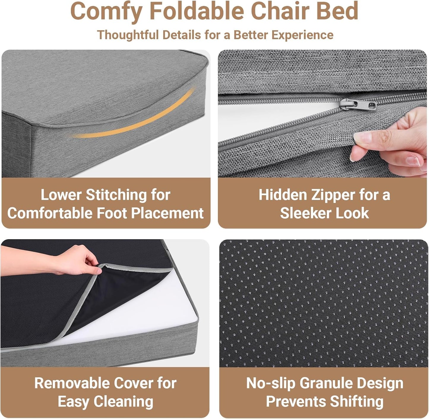BeBen Folding Sofa Bed Chair, Convertible Sleeper Chair Futon Couch, Foldable Boneless Floor Lounger Sofa, Single Foam Chair Bed for Small Spaces, Dorm, Guest Room, Living Room, Apartment, Grey